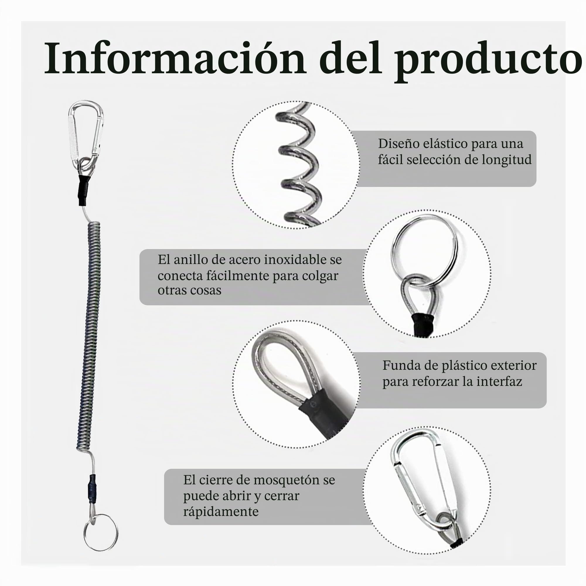 5 Piezas Cordón de Pesca Elástico Llavero Espiral Cuerda de Seguridad en Espiral Antipérdida con Mosquetón Cordón De Elasticidad para Evite la Pérdida de Llaves Alicates y Herramientas de Pesca