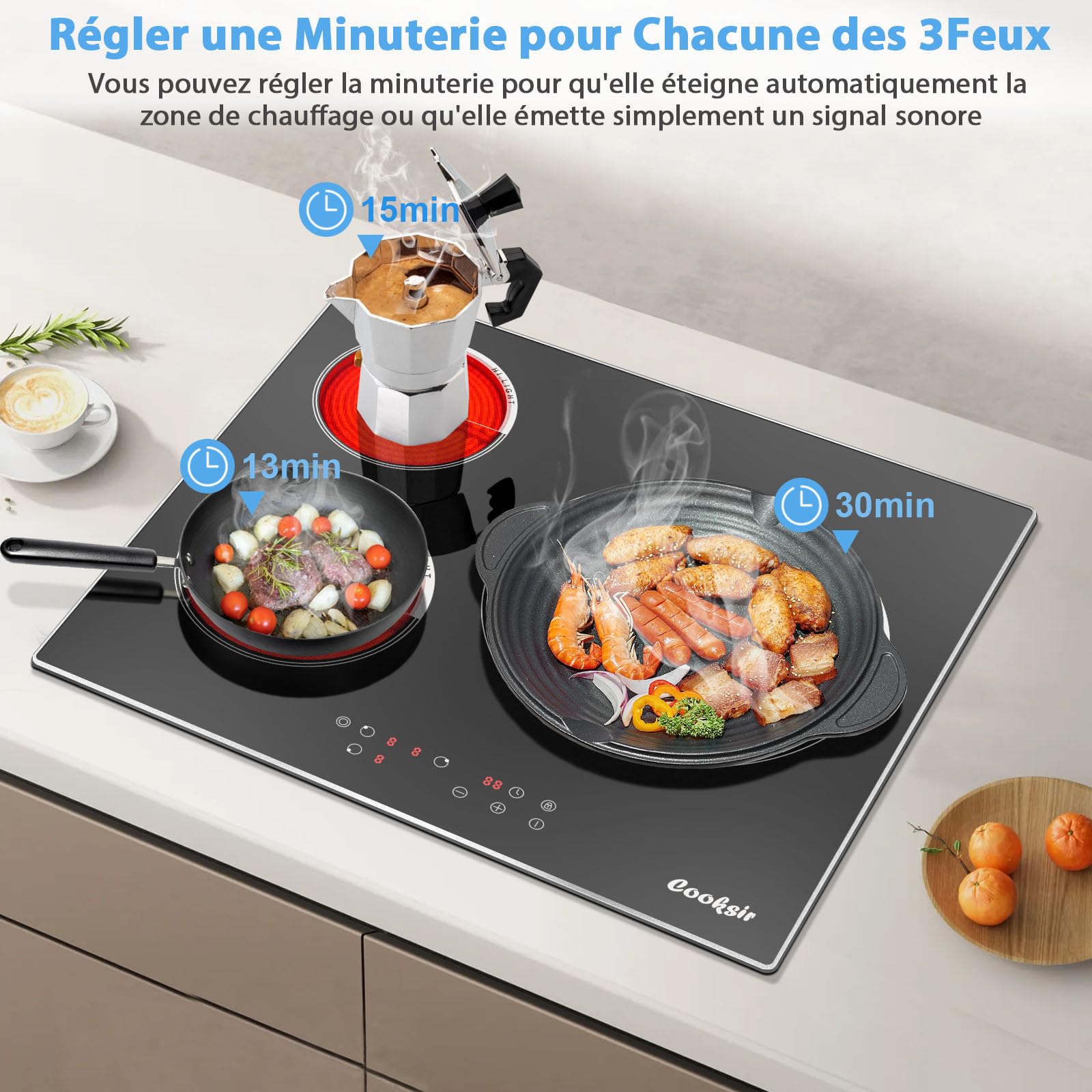 Four Encastrable 60CM avec Prise, 60 Litres, 2000W, 7 Fonctions, Bouton Rotatif+Table de Cuisson Vitrocéramique 3 Feux, 5700W, Plaque électrique Encastrable 60CM