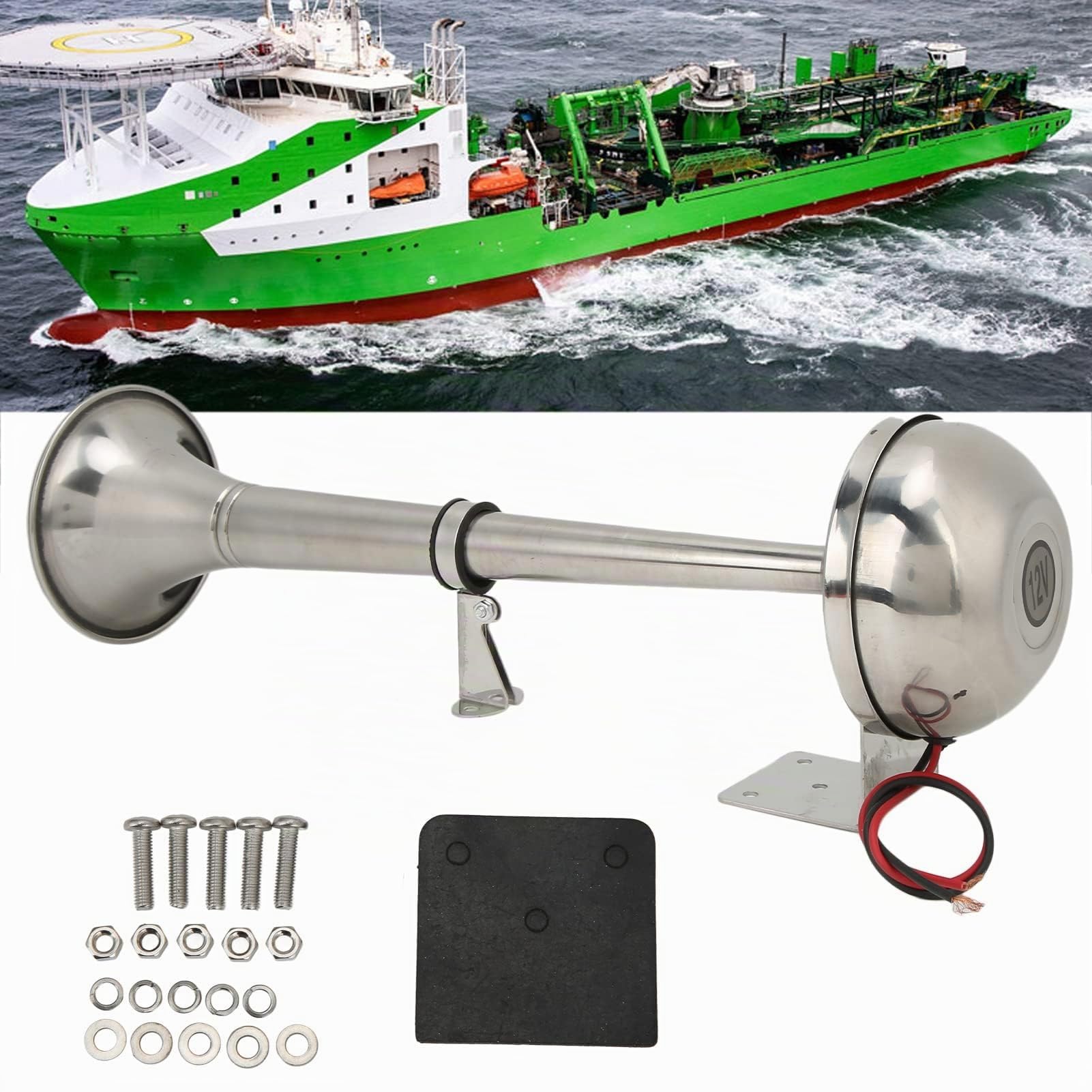 Elektrisches Marinehorn, Laute Einzeltrompete 328DB 12V 30W VXH1112MAR-C Universal-Lufthorn für Boote Wohnmobile Yachten Edelstahl Boote Einzeltrompete Horn