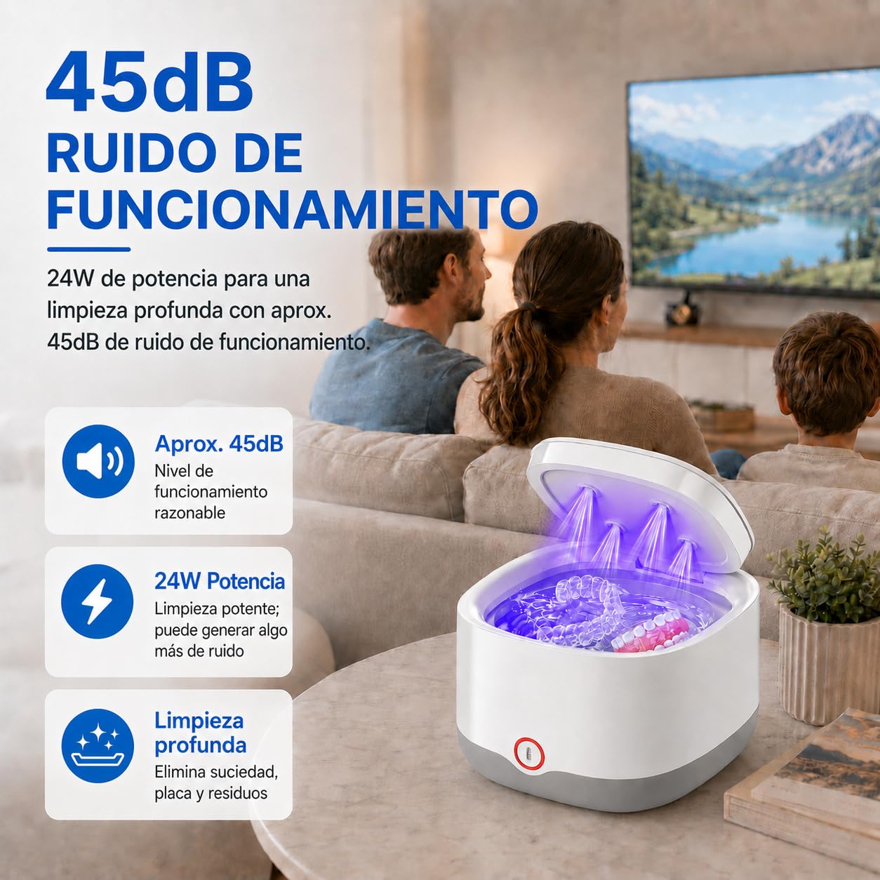 Limpiador Ultrasonidos Dental para Férulas y Retenedores (Blanco) | Depósito de 200ML, Limpieza por Ultrasonidos de 45kHz con 24W, Batería 4000mAh y 4 Lámparas UV para Dentaduras y Joyas