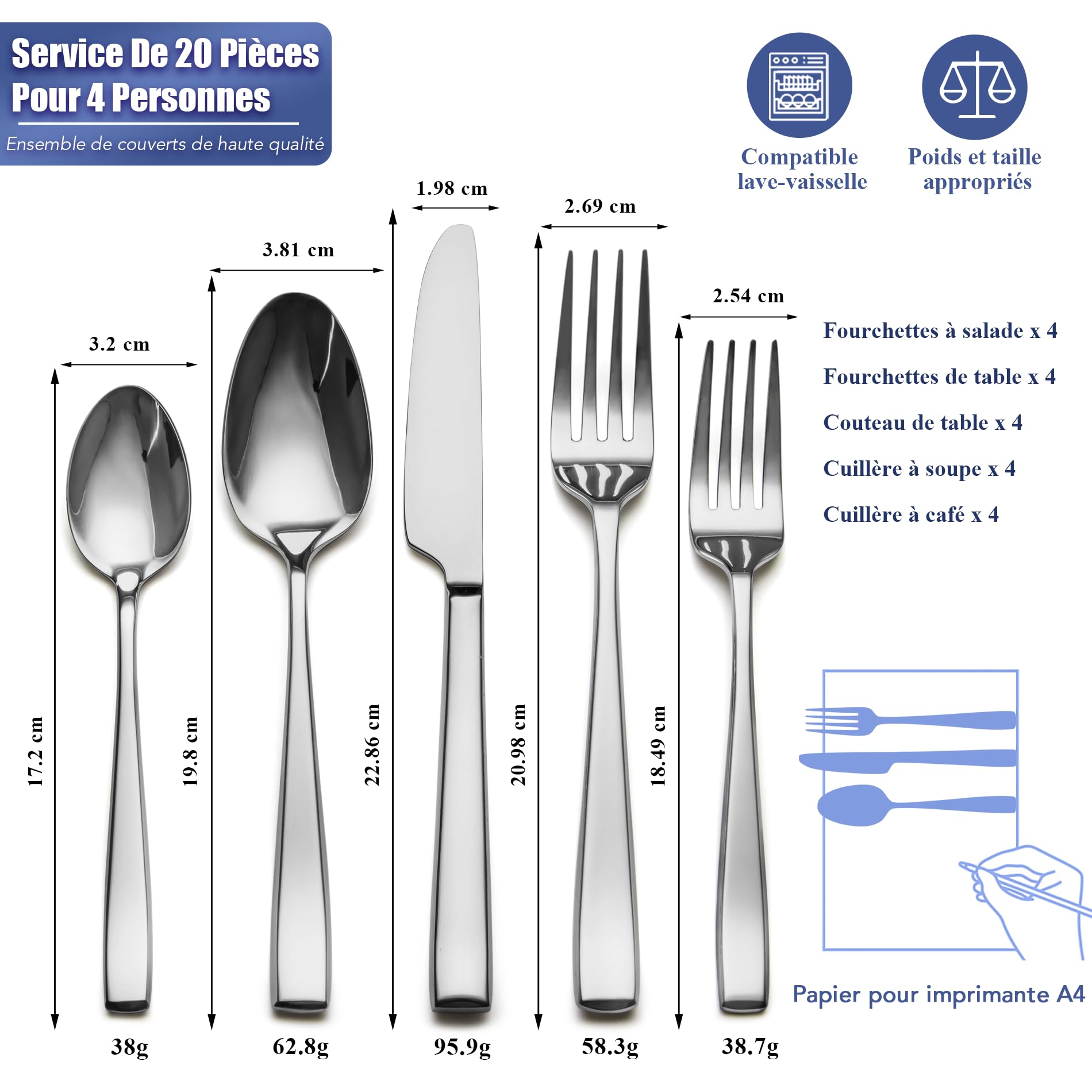 Lot de 20 couverts pour 4 personnes en acier inoxydable de qualité supérieure avec poignées uniques, couverts modernes polis miroir, passent au lave-vaisselle, avec couteau, fourchette