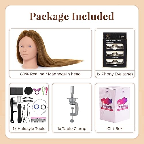 Miniatura 8 de Cabeza de maniquí 80% cabello humano con soporte para trípode, 28 pulgadas, maquillaje cosmetología, práctica de maniquí, cabeza de peluquería
