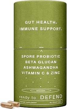 Ready To Defend Immune & Gut Support Spore Probiotic DE111, Beta Glucan, Ashwagandha Supports Immunity, Gut Health, Stress & Bloating Relief Supplement 60 Capsules