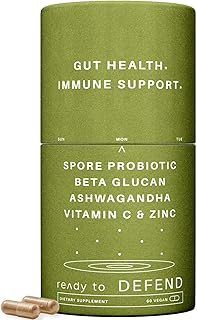 Defiende el apoyo inmunológico y intestinal - Probiótico de esporas DE111®, beta glucano, ashwagandha - Apoya la inmunidad, la salud intestinal, el estrés y el suplemento de alivio de la hinchazón