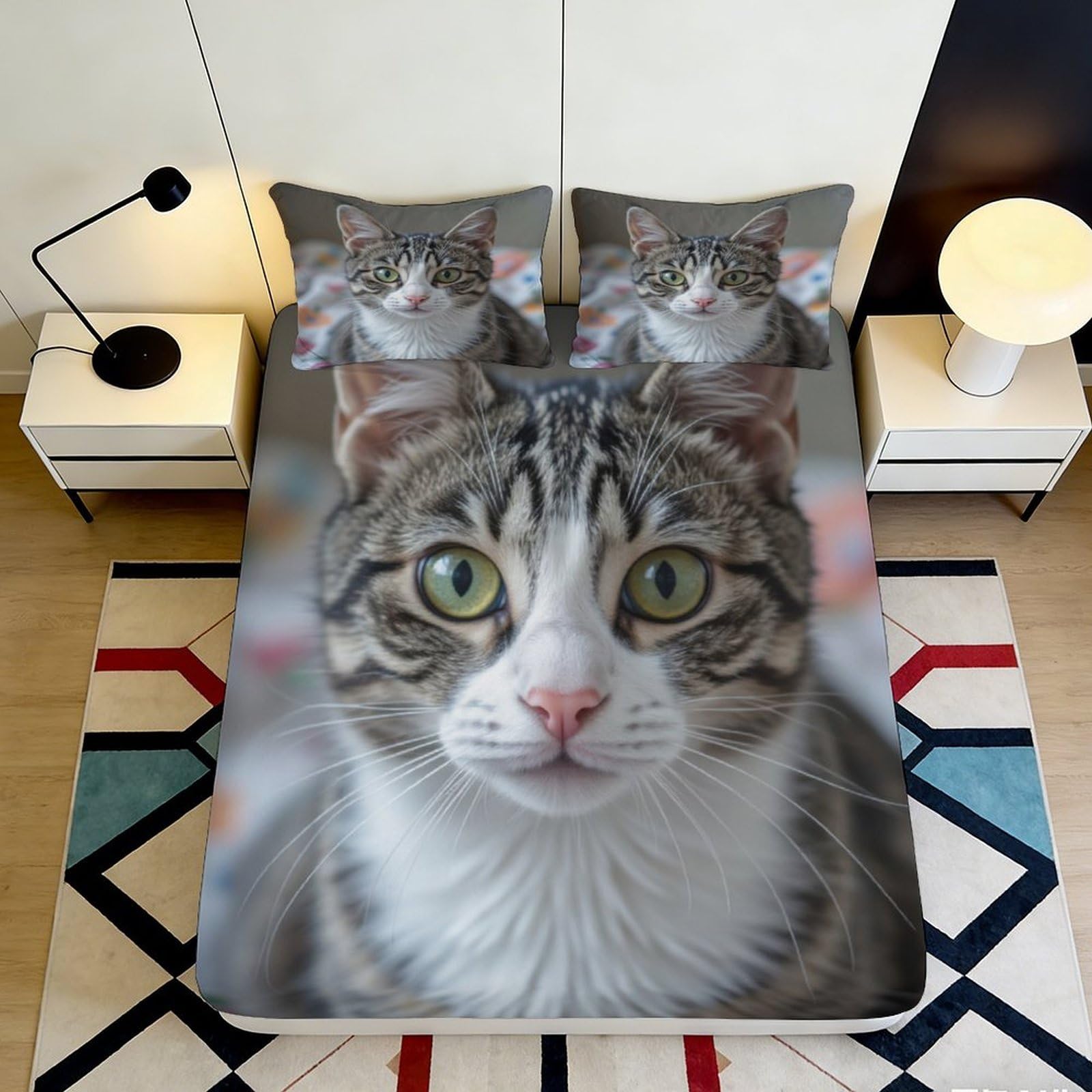 3D Printed Realistic Cat Portrait Fitted Sheet Microfiber Soft Breathable Tabby Cat Bed Cover for Bedroom Decor Mattress Protection 90x200x25cm