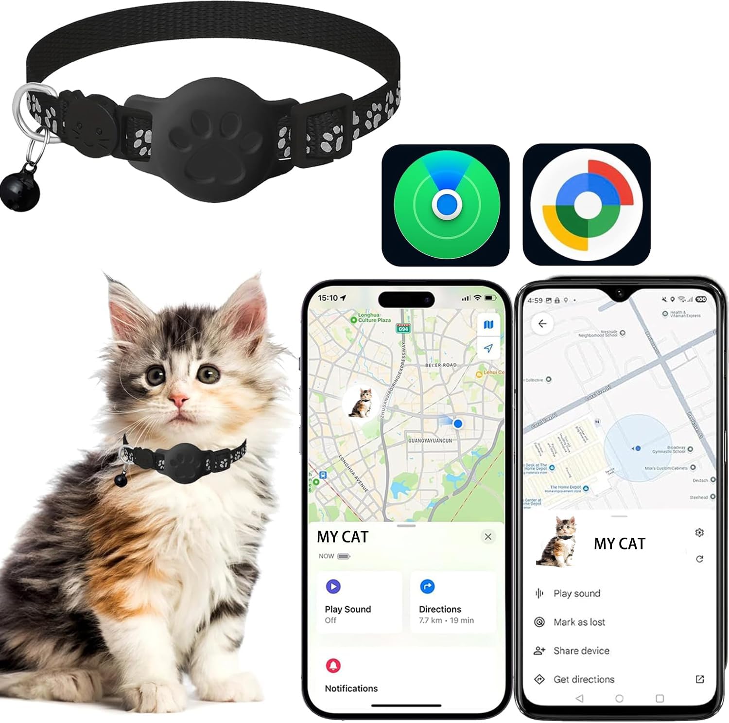 Cat Tracker GPS Collar for iOS and Android Smart Tracker with Dual System Bluetooth Air Tags for Pet Location Finder Compatible with Apple Find My and Google Find Hub