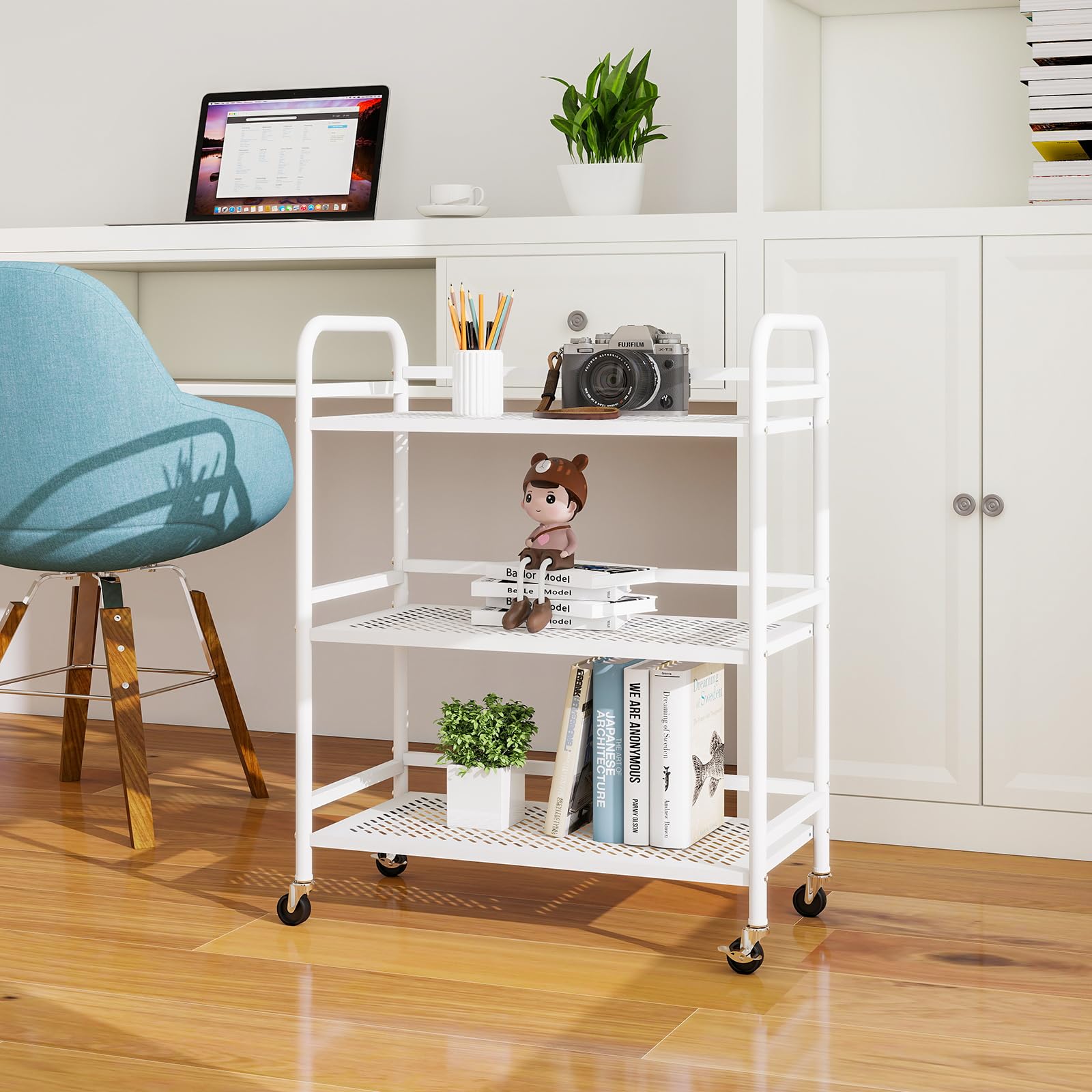 HDANI Carrito Cocina,Carro Auxiliar de Metálicos de 3 Niveles Cocina o Multiuso con Ruedas,para el hogar (Blanco, 60×30×75cm Malla)