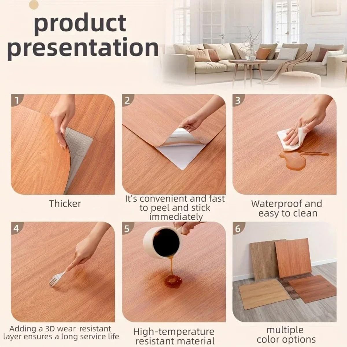 Peel and Stick Vinyl Floor Tiles, 10pcs Waterproof Self Adhesive Sticky Tiles for Bathroom, Kitchen, Living Room, Basement, RV, Burgundy.