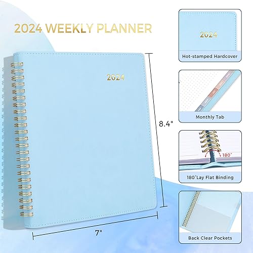 Miniatura 4 de SUNEE Agenda semanal y mensual 2024 de 9.2 x 11.2 pulgadas, 12 meses (enero de 2024 a diciembre de 2024), cubierta de cuero vegano, bolsillo,