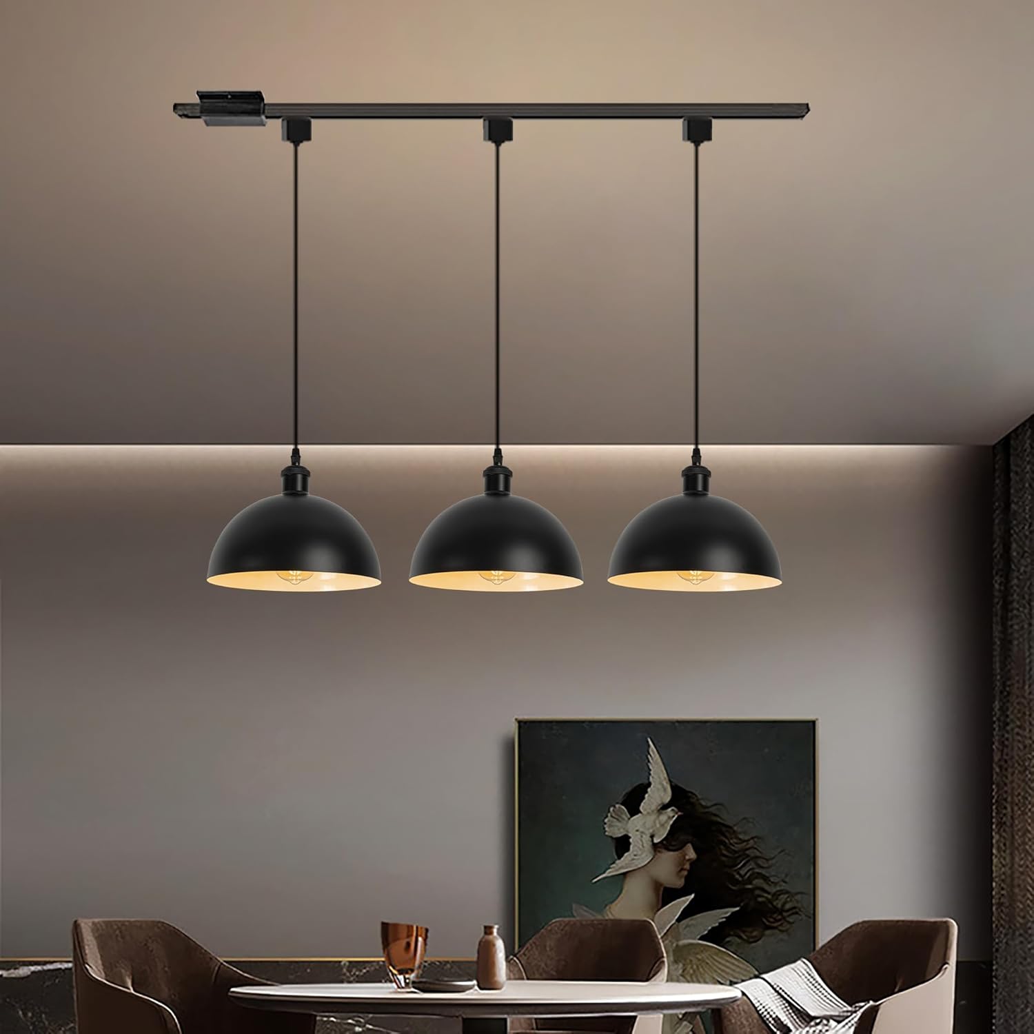 H-Type Track Lighting Pendant Restaurant Retro Black Matte Black Light Socket Industrial Shade Iron Dome Shape, Halo Track Mounted Customizable for Kitchen Island Dining Table, 3 Lights