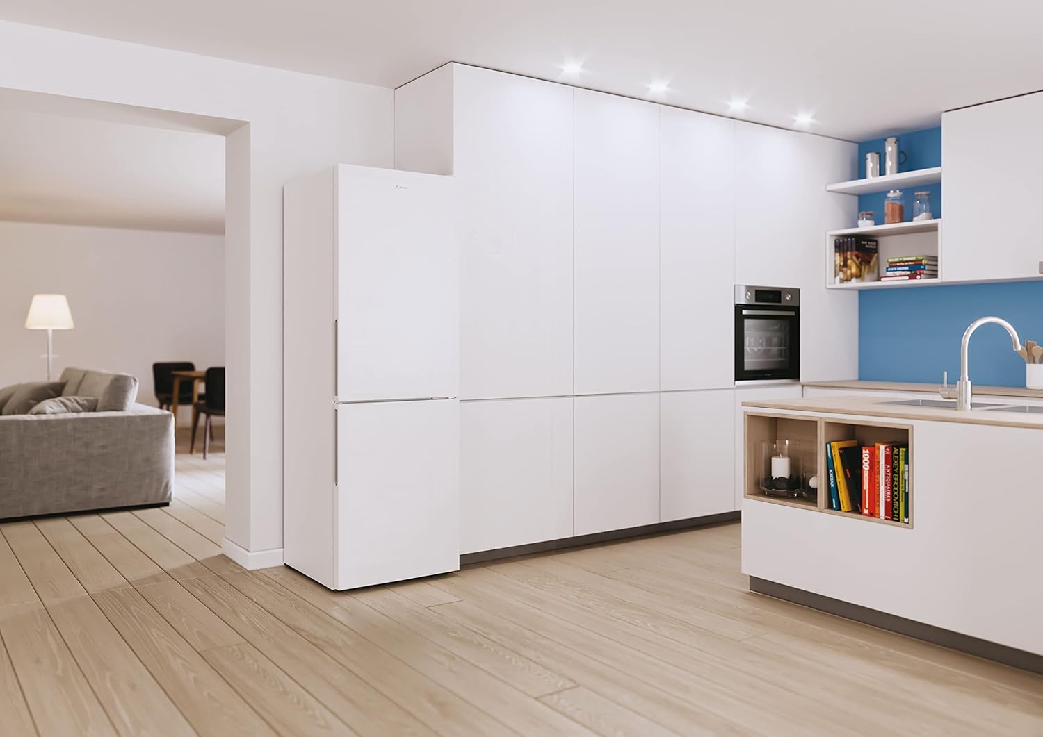 Candy Fresco CCE4T618EW refrigerator placed in a modern kitchen