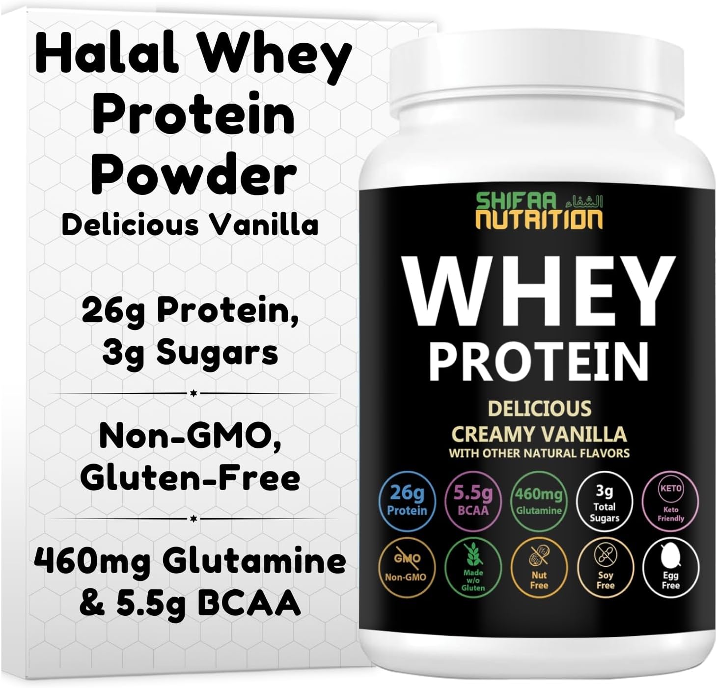 SHIFAA NUTRITION Delicious Creamy Vanilla Halal Whey Protein Powder 2Lbs | 26g Protein, 5500mg BCAAs, and 460mg Glutamine | for Recovery & Lean Muscles | Gluten-Free | Non-GMO | Keto-Friendly