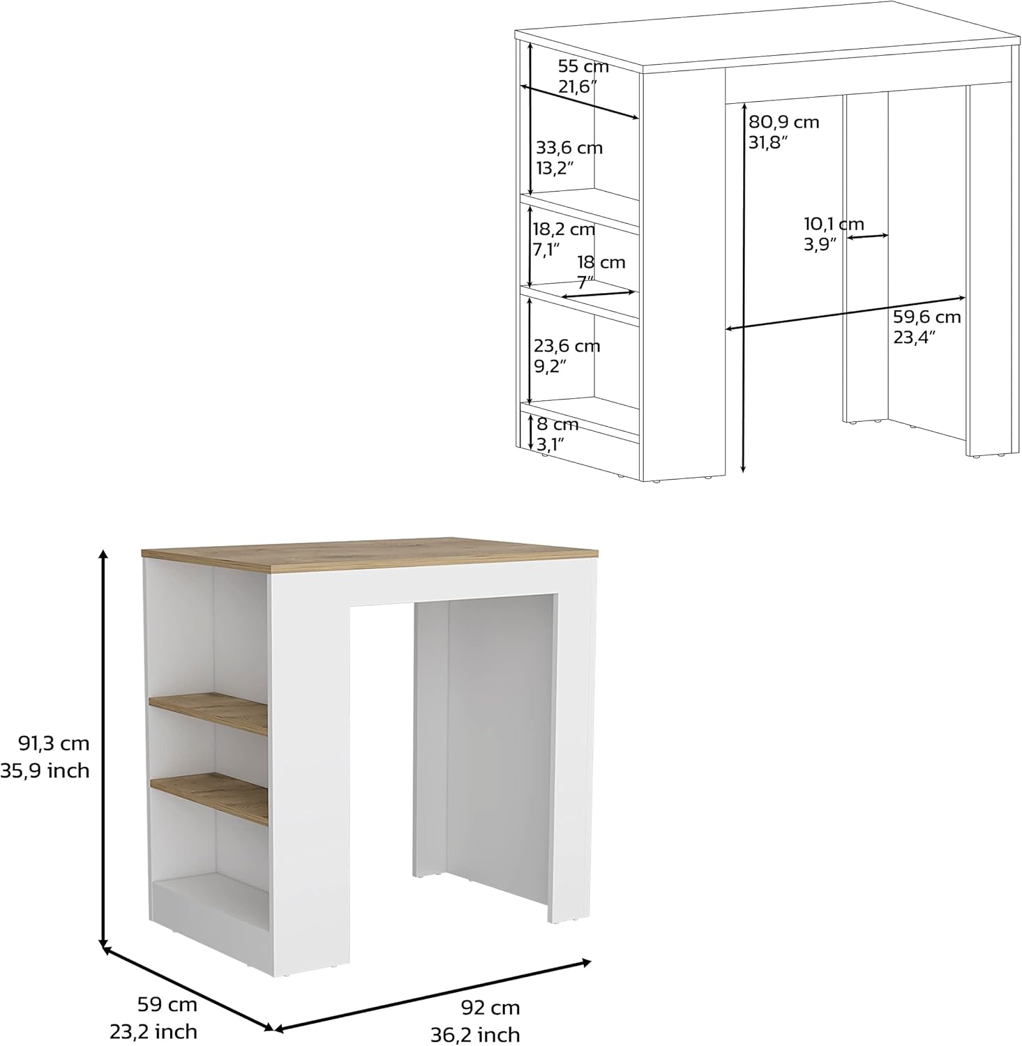 Kitchen Island, Kitchen Bar Table 36" H, with 3-Side Shelves, White/Macadamia