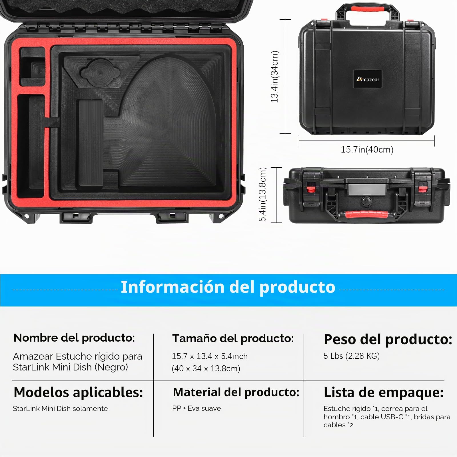 AMAZEAR Funda rígida resistente al agua para mini discos Starlink, compatible con soportes y fuentes de alimentación, Negro, para viajar