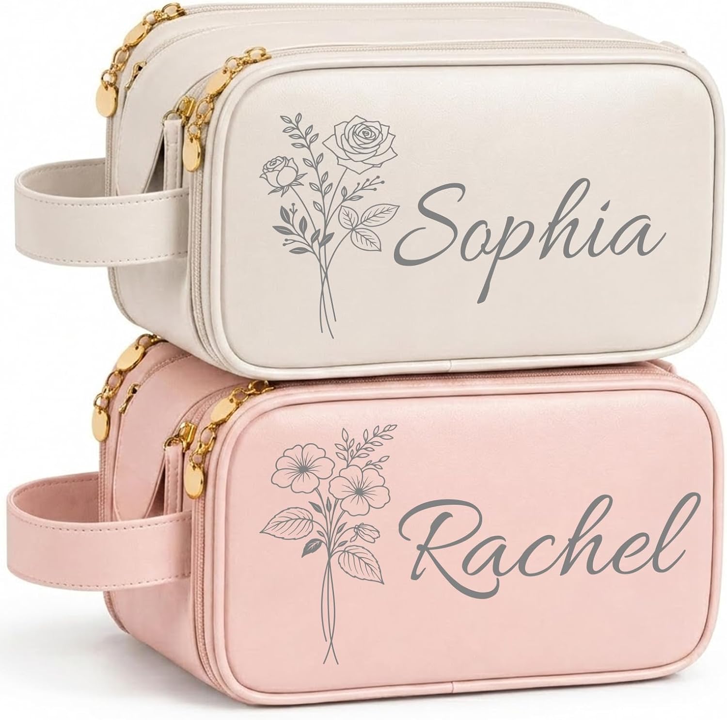 Personalized Makeup Bag Gifts for Women Girls, Travel Toiletry Bags Bridesmaid Birthday Gifts with Name & Birth Flower, PU Waterproof Large Capacity Custom Makeup Bag