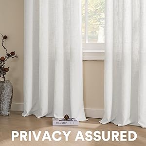 PrinceDeco Linen Curtains with Attached Valance for Living Room, Light Filtering Farmhouse Semi-Sheer Treatments Rod Pocket/Ring Top for Bedroom, 2 Panels Set - W52 x L108 Inch, White