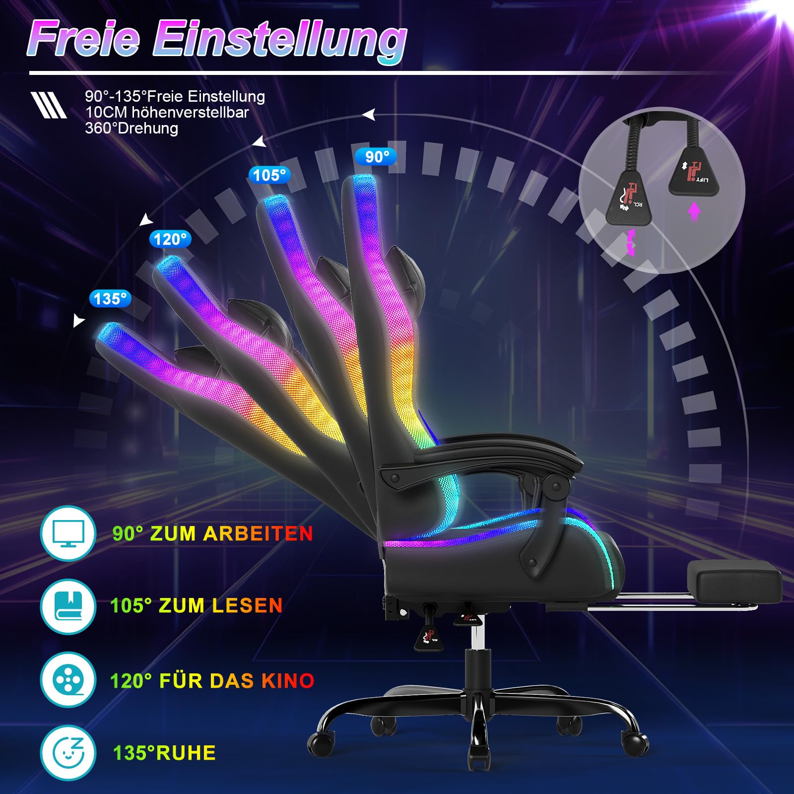 Devoko LED Gaming Stuhl – Ergonomischer Bürostuhl mit Massagefunktion & Teleskop-Fußstütze, Verstellbare Rückenlehne (90-135°), für Gamer bis 150 kg, Augenschonendes Design, Schwarz