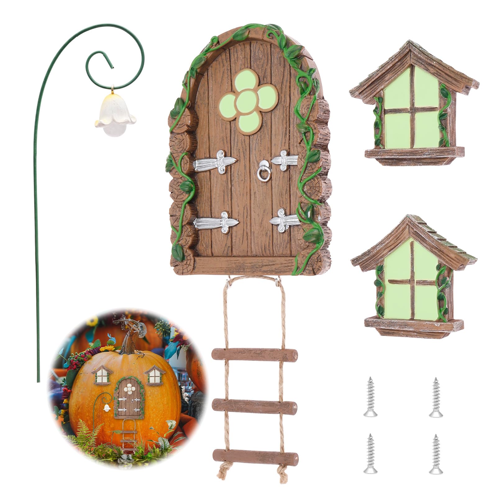 Sutowe Fairy Garden Decor Fairy Door Cabin Set With Lantern Ladder Tree Lamp Screws for Trees Glow in The Dark Yard Resin Sculpture Lawn Ornament Mini Garden Art Outdoor Decor Accessories