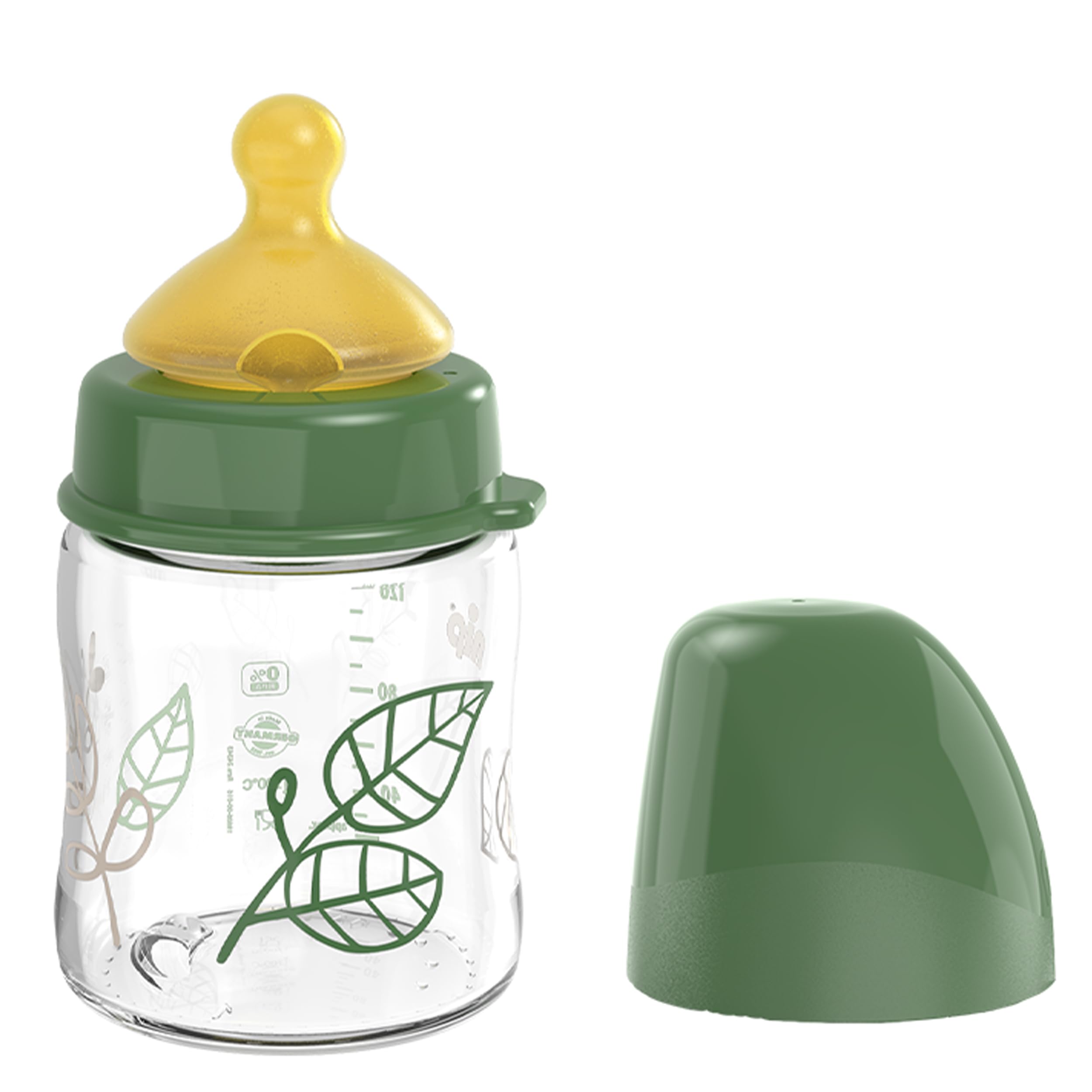 nip – Weithalsflasche | Babyflasche mit Ventil für optimalen Lufteinstrom und zwei Naturkautschuk-Trinksauger. Stillfreundliche Babyflasche aus bruchfestem Glas | Gr. S, 120ml, Grün