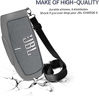 Vista 4 de LTGEM - Funda de silicona para altavoz JBL Charge 5, protector de viaje de gel suave, bolsa de goma impermeable con correa para el hombro (gris)