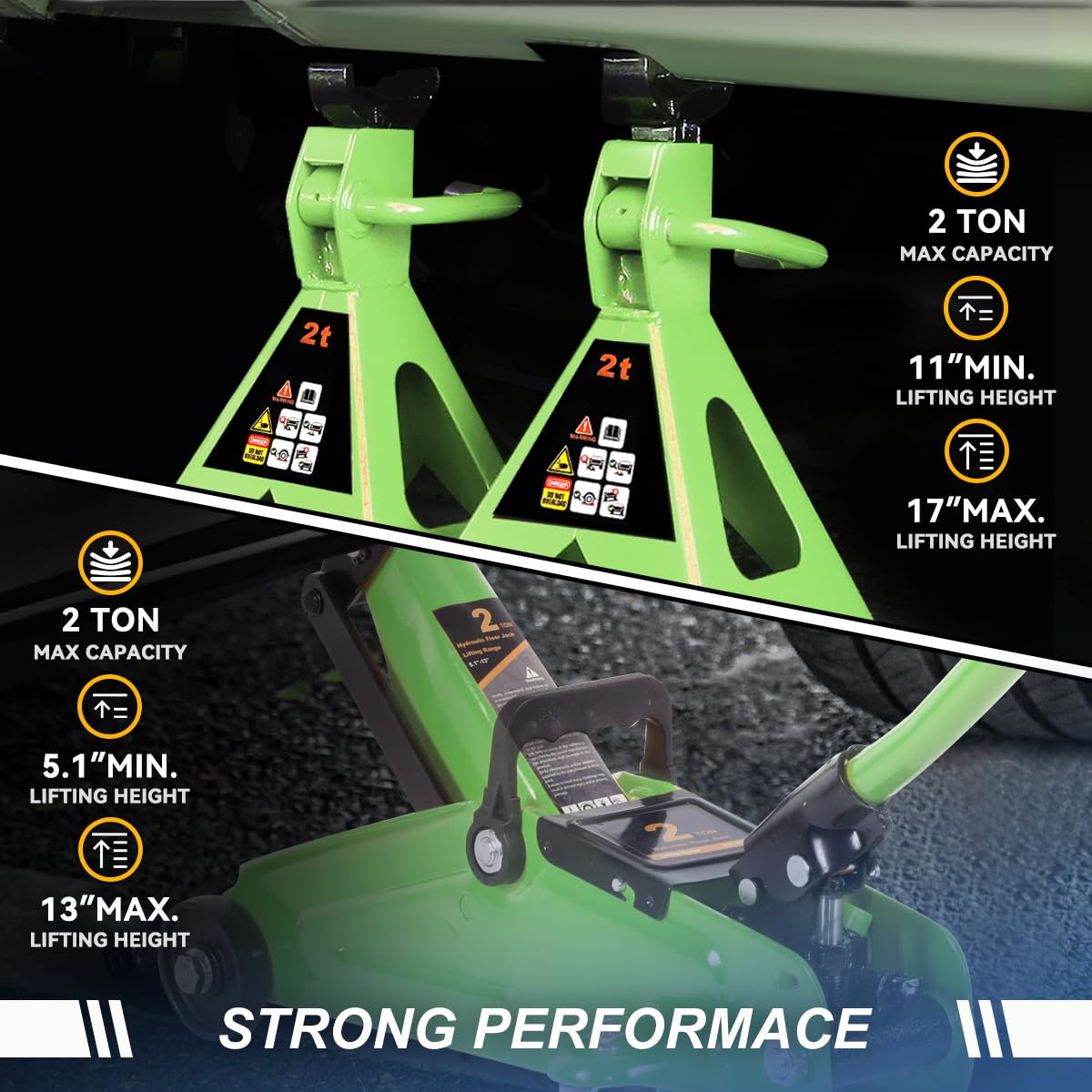 PM PERFORMOTOR Combo de Gato hidráulico de bajo Perfil con 2 Soportes de Gato de trinquete, Capacidad de 2 toneladas (4000 Libras), Verde, PM-TOL-FJ3P-GR