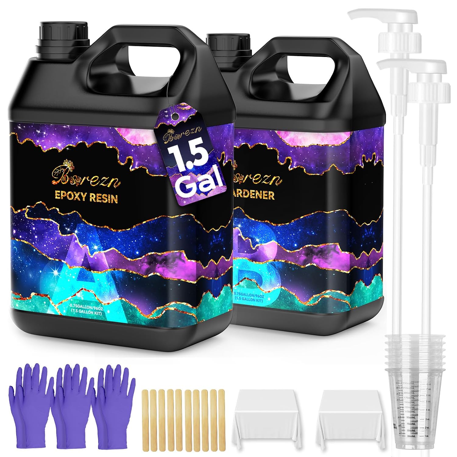 bsrezn epoxy resin kit 1.5 gallon with pumps mix ratio 1:1 for coating and casting (96 oz x 2) 1.5 gallon kit