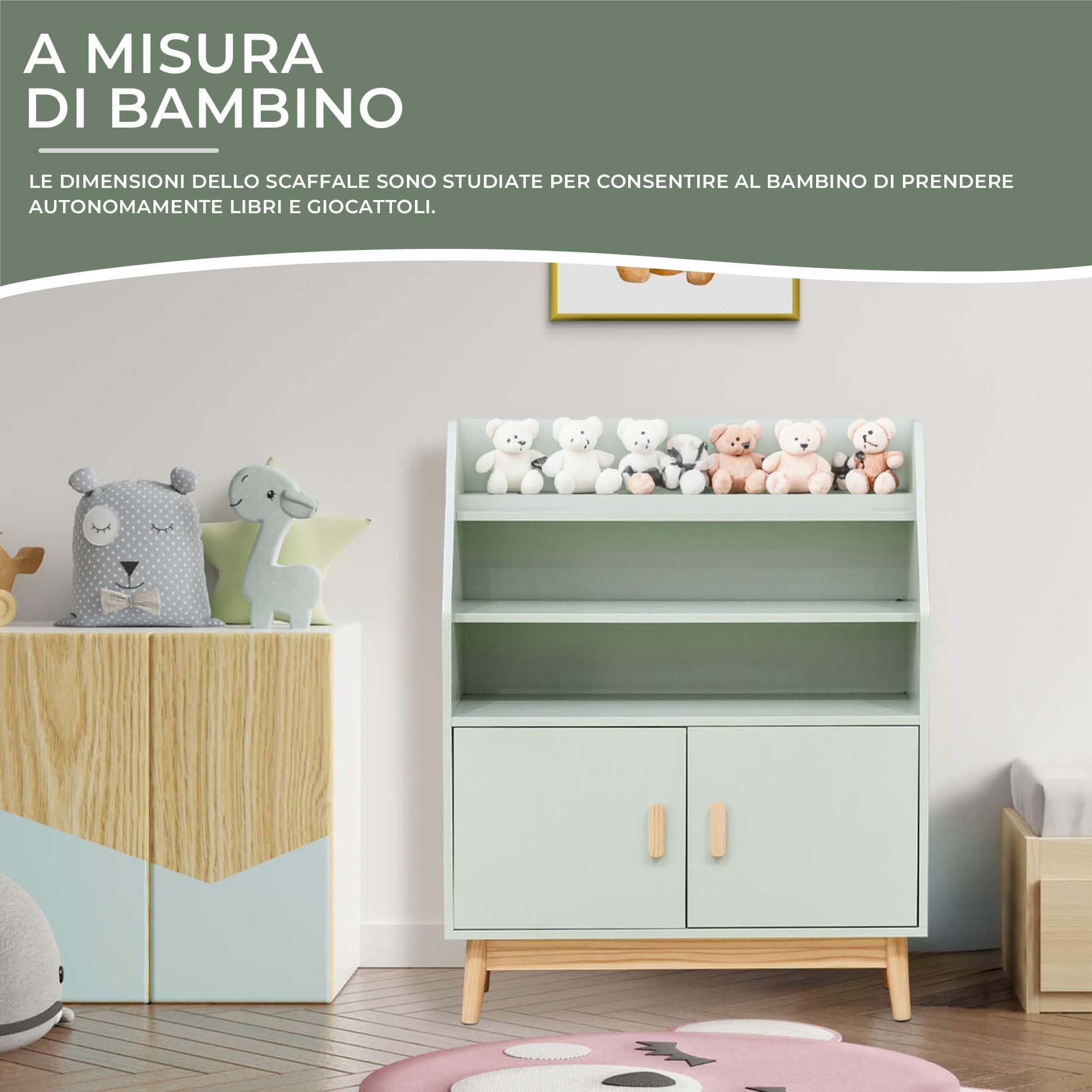 Rebecca Mobili Scaffale per Bambini, Libreria Montessoriana, Verde Acqua Marrone, MDF Pino, con 3 Ripiani e 1 Vano, Stile Scandinavo - Misure HxLxP: 100 x 80 x 33 cm - Art. RE7132