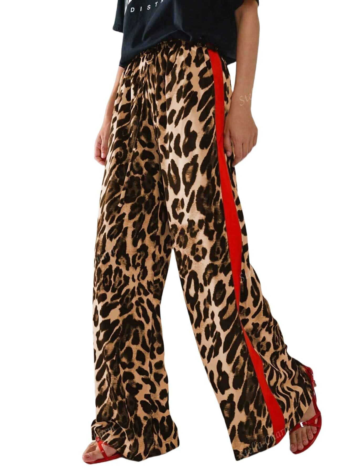 Women's Drawstring Leopard Side Striped Wide Leg Casual Pants Eye catching Color Block Stripes, Flattering Straight Leg, User-Friendly Drawstring Waist, Lightweight Fabric, Easy to Match