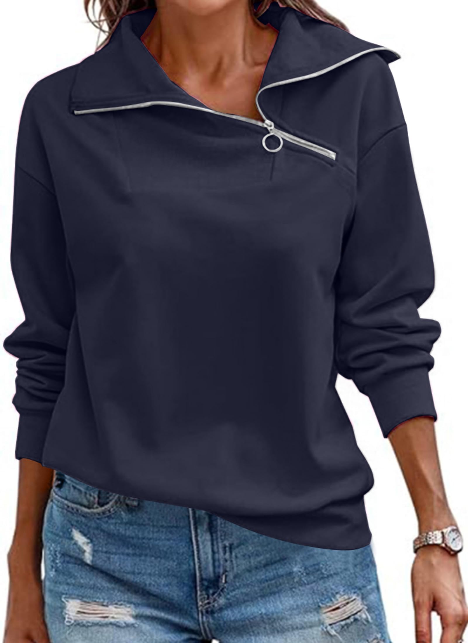 – Womens Sweatshirts Quarter Zip Jumper Women V Neck Long Sleeve Tops Basic Casual Swearshirt without Hood Pullover