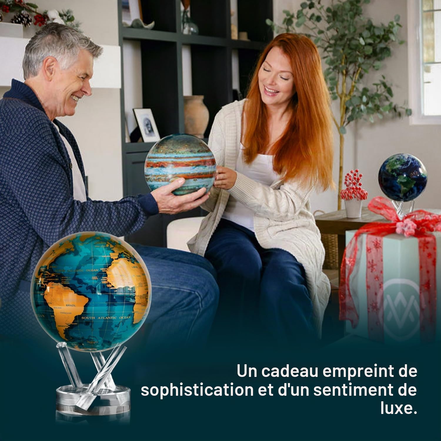 Globe MOVA Bleu et Or 21,5 cm | Globe Rotatif avec Lumière sur Socle Transparent | Sans Piles ni Câbles | Décoration Moderne pour Maison ou Bureau