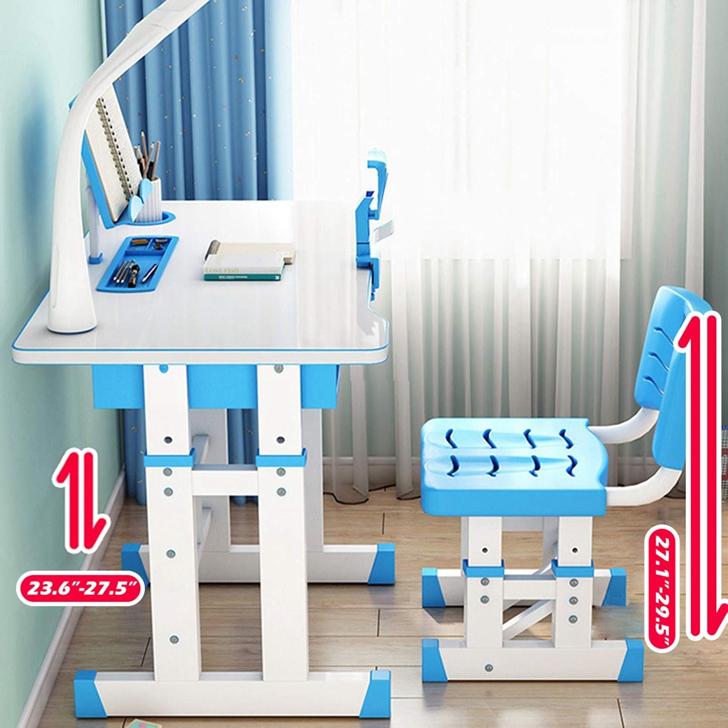 Gleamfut Kids Desk and Chair Set Adjustable Combined Study Table and Chair Set Student Writing Desk with Drawer/Lamp (Blue-b)
