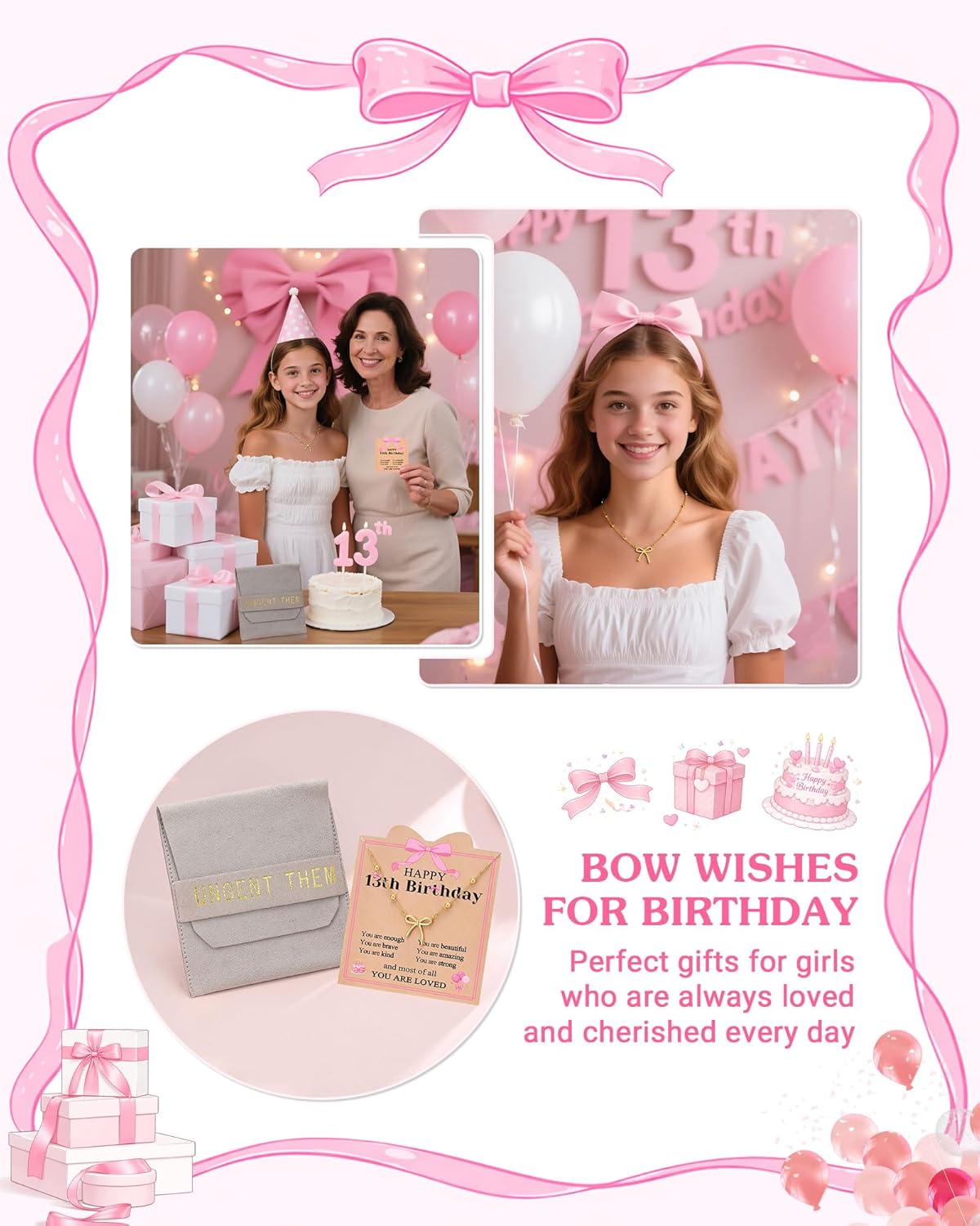 UNGENT THEM You Are Enough and Loved - Happy 8th 9th 10th 11th 12th 13th Birthday Gifts Gold Bow Necklace for Birthday Girls - Image 6