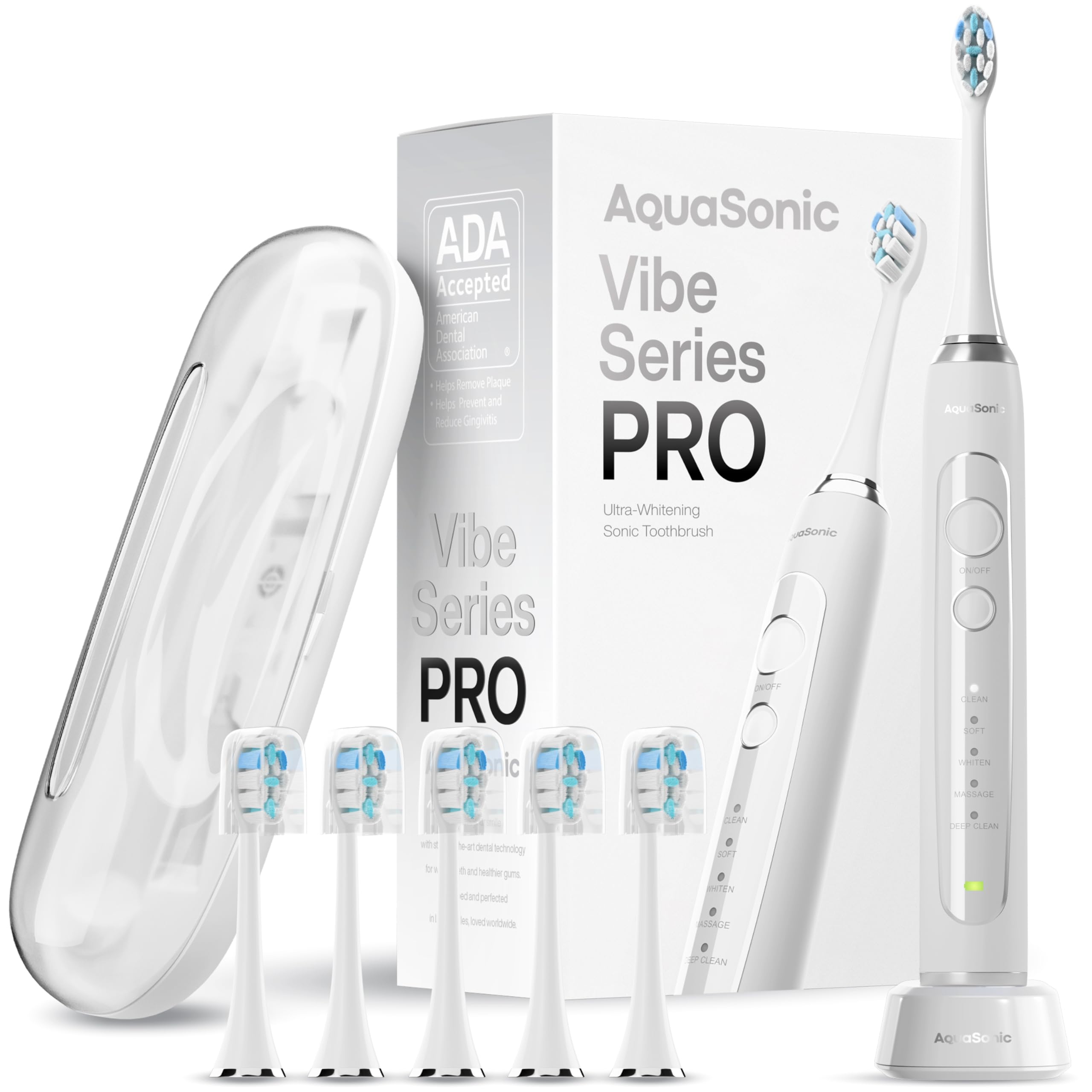 Aquasonic Vibe Series PRO – Ultra-Whitening Electric Toothbrush – 5 Modes & Smart Timers – Premium Travel Case & 6 Proflex Brush Heads – ADA Accepted