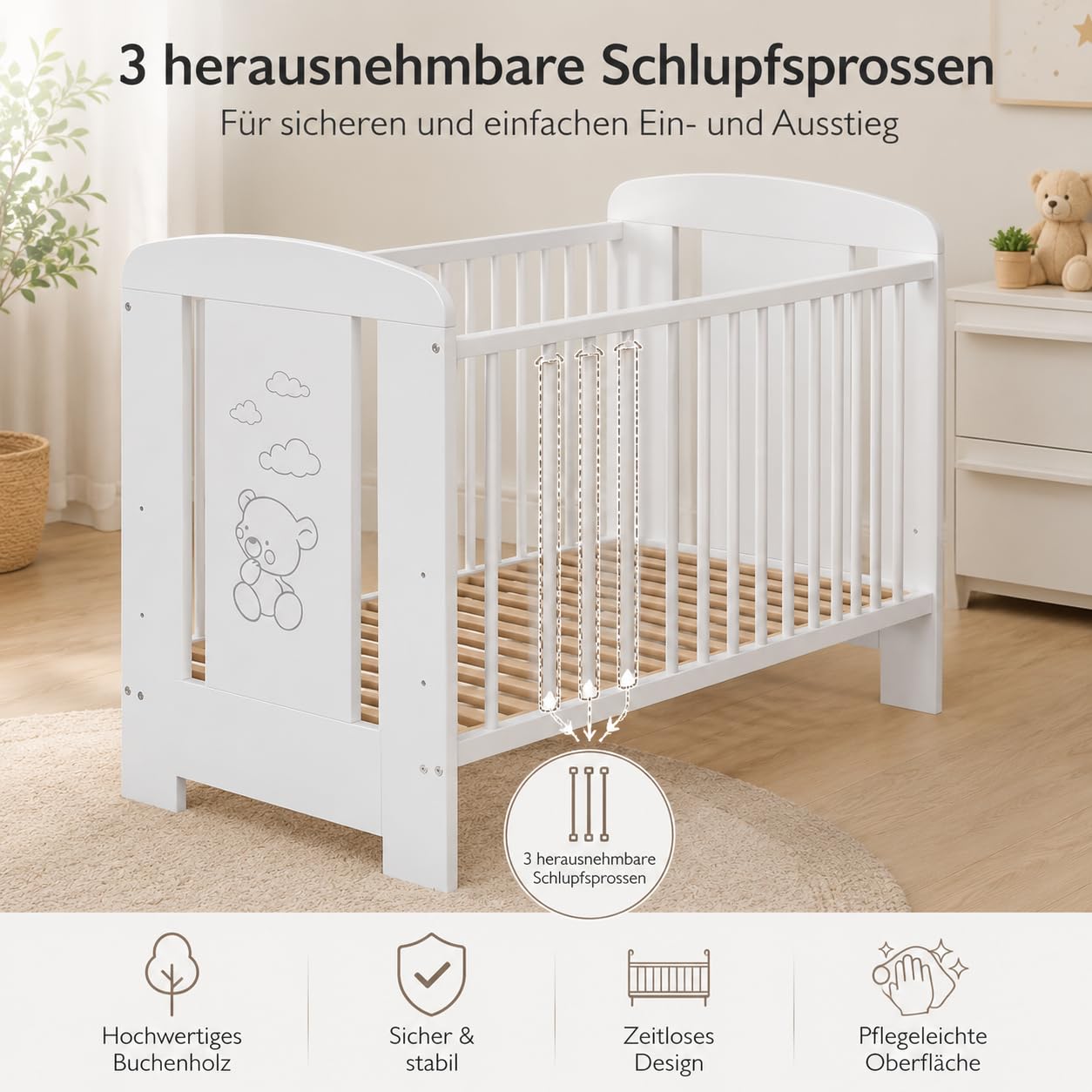 Lettino per Bambini 120x60 cm in Legno Bianco | Lettino Evolutivo con Sbarre per Neonati | Altezza Regolabile e Stabile | Materasso Non Incluso | Design Sicuro e Delicato