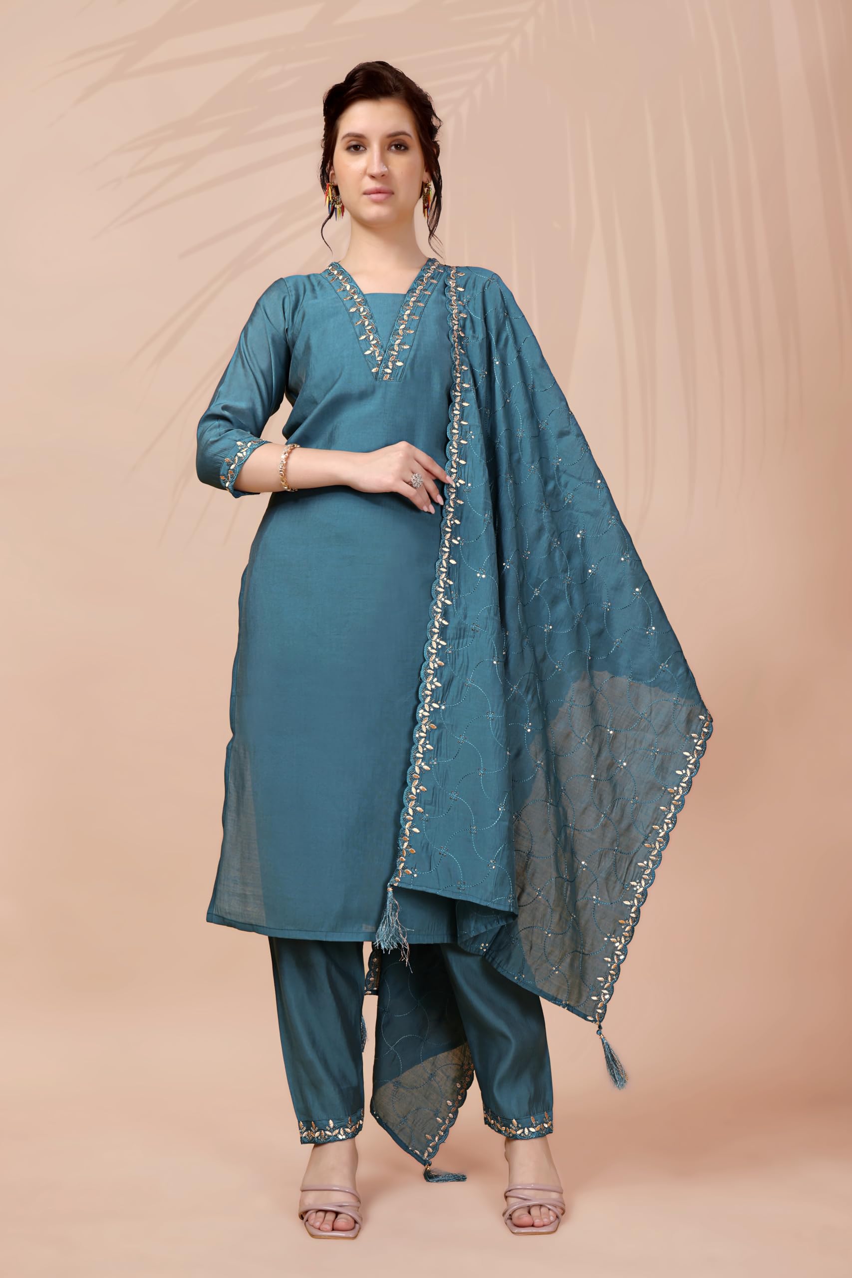Xomantic Fashion Womens's Pink Color Cotton Embroidered Readymade Kurta Pant Set With Dupatta (Xx-Large, Blue)