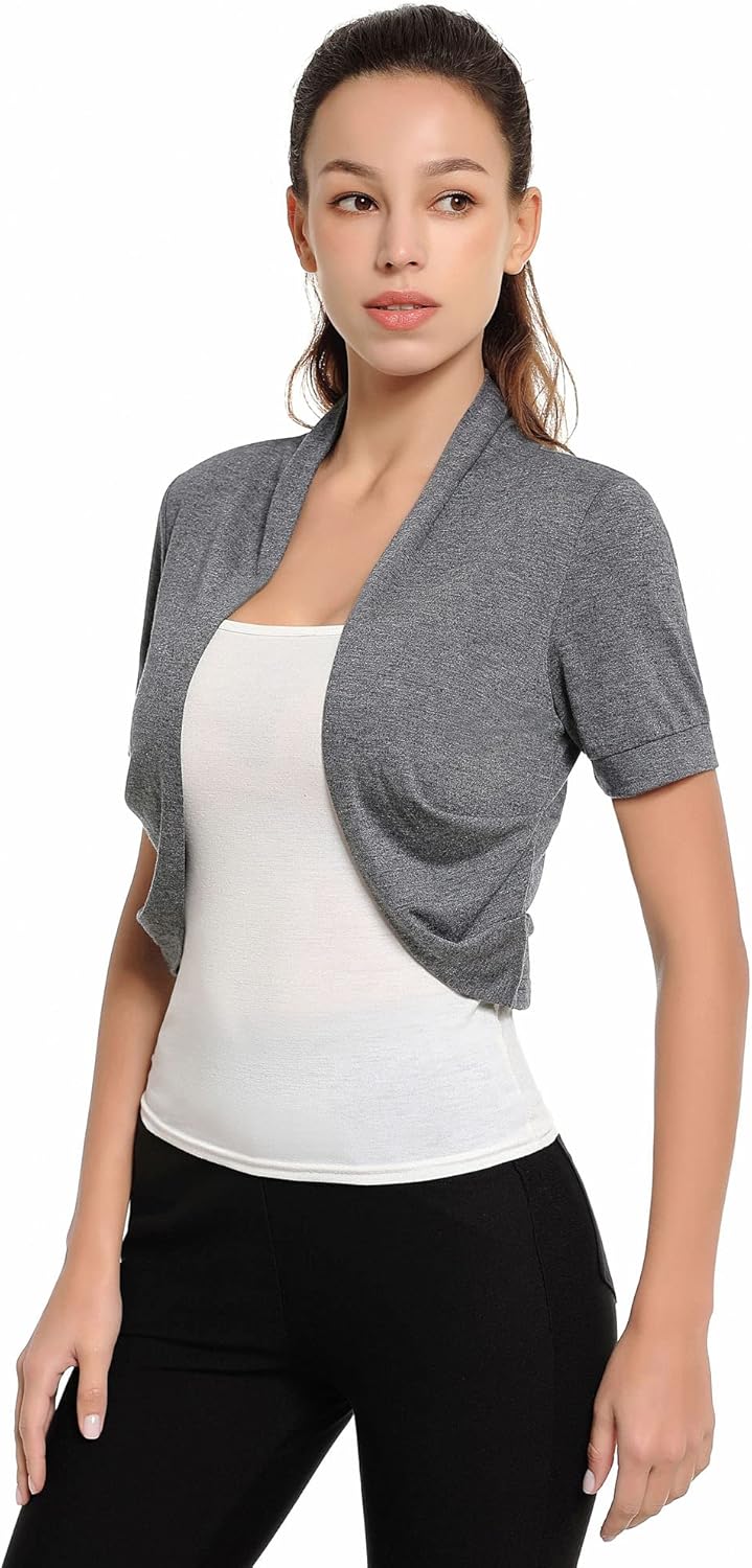 AmélieBoutik Women Short Sleeve Bolero Shrug Open Front Pleated Sides Cropped Cardigan for Dress Casual - Image 4