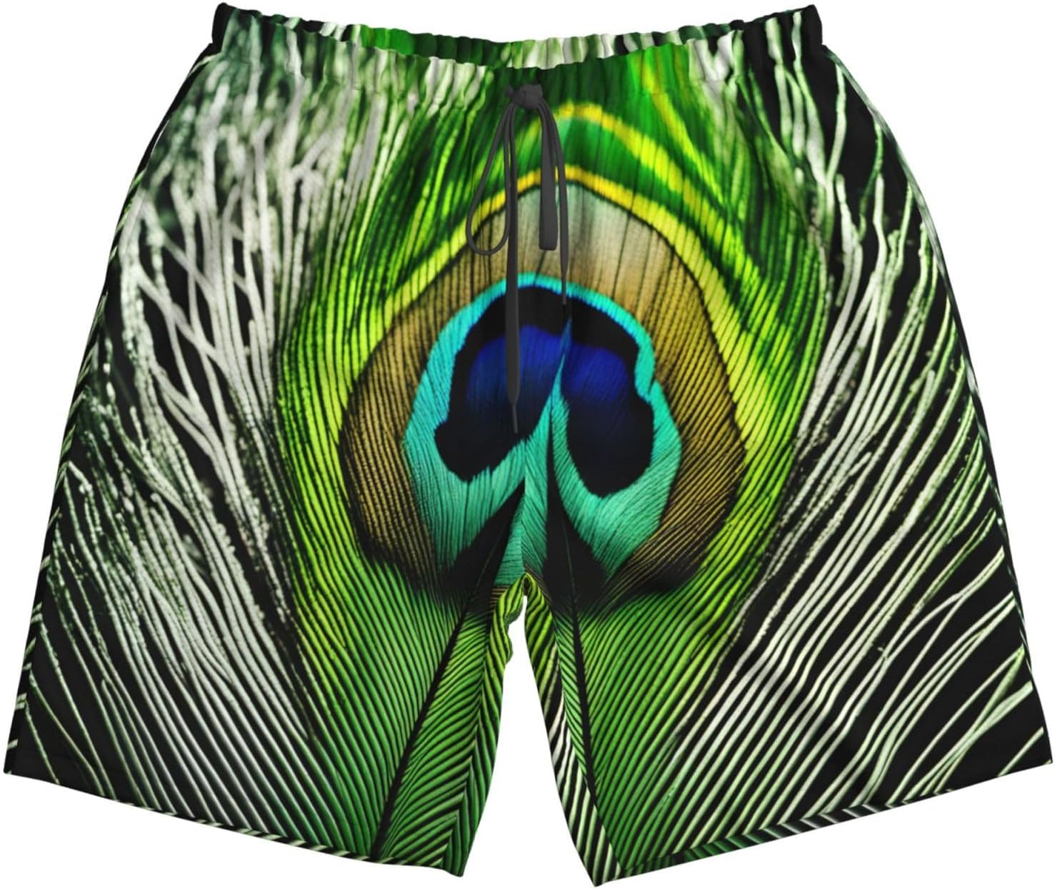 Green Peacock Feather Print Men's Quick-Drying Shorts Casual Beach Pants Stretch Waist Shorts and Pockets