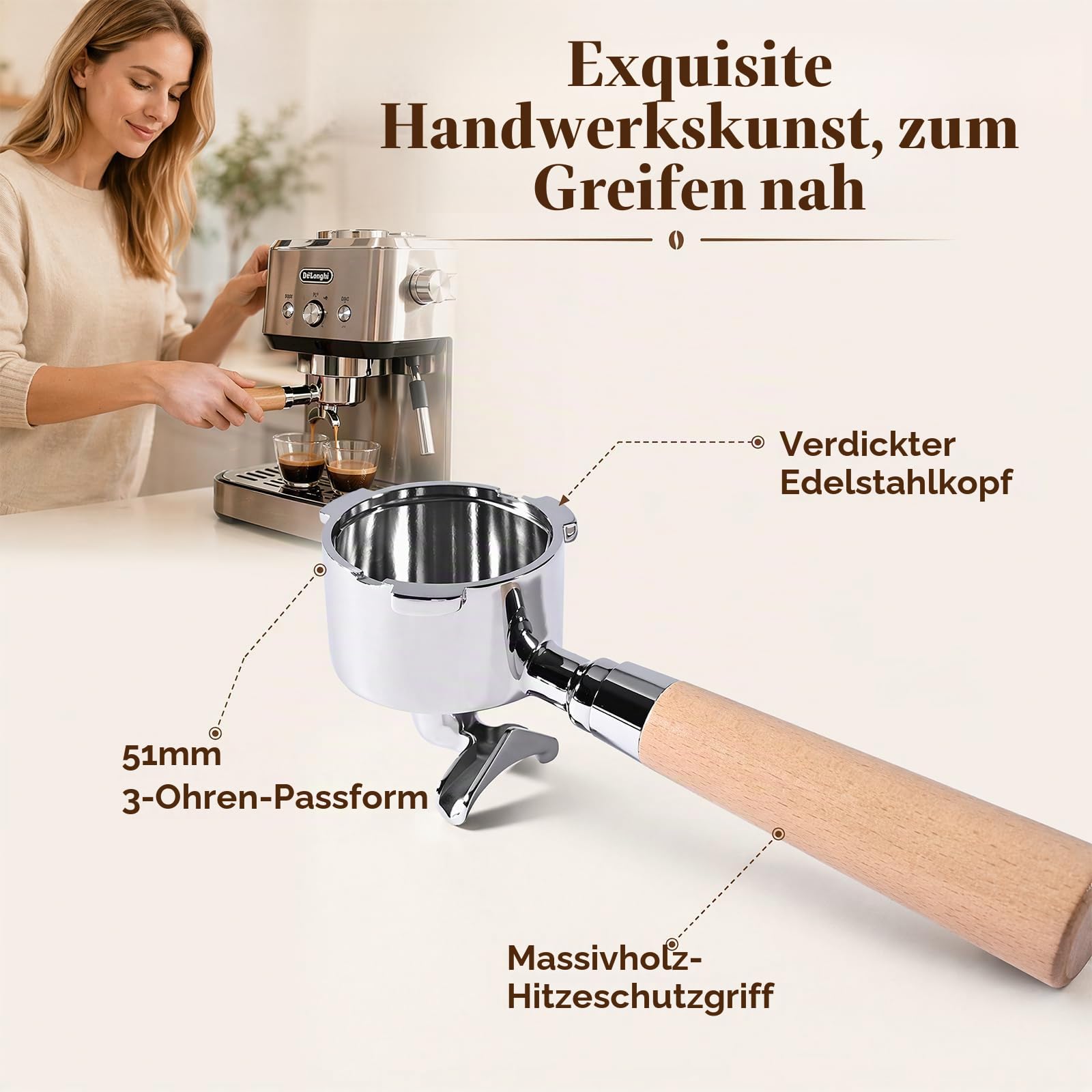 Siebträger 51mm für DeLonghi Dedica EC680 EC685 EC885, 3-Ohren Design