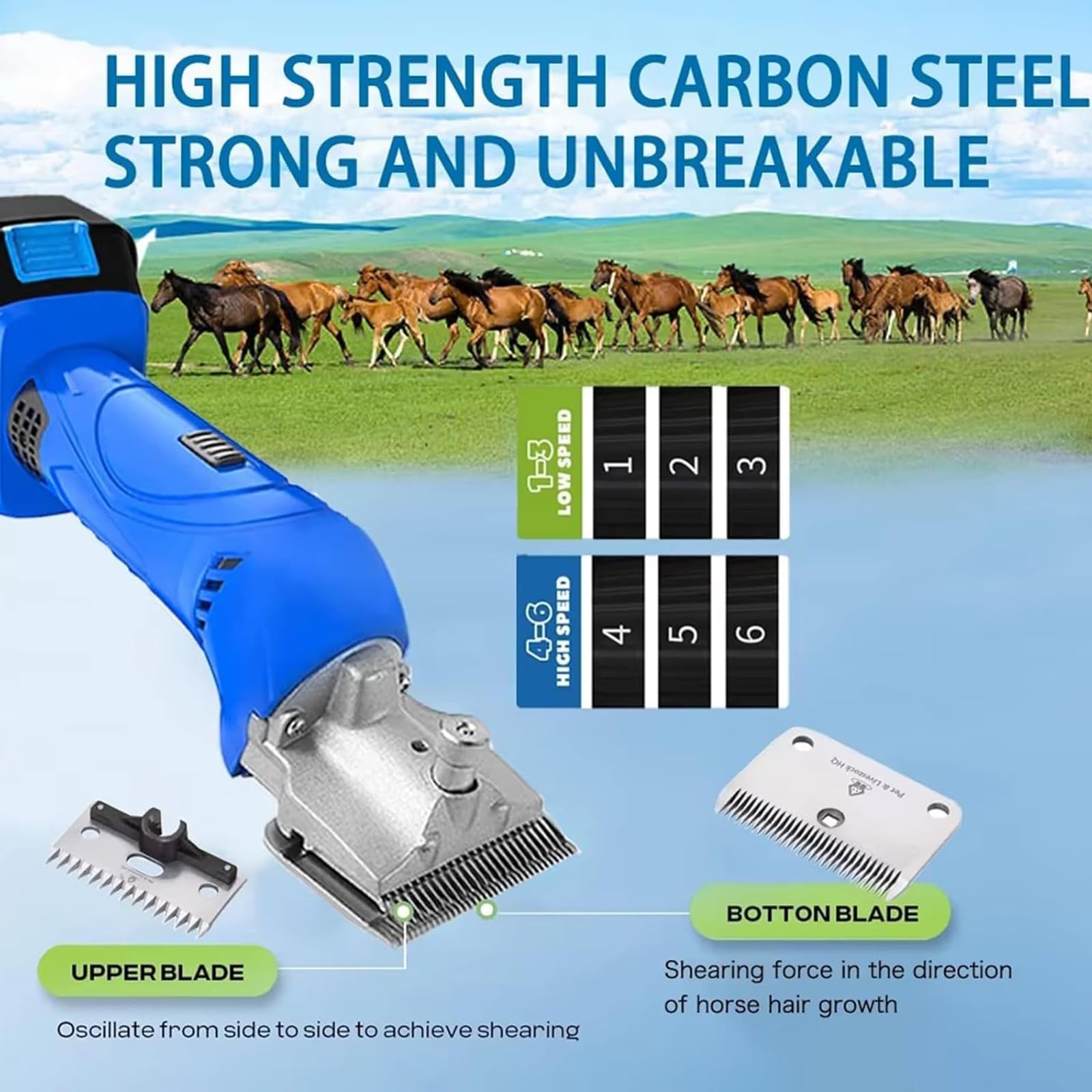 Esquiladora Inalámbrica para Caballos 500W, Cortadora Eléctrica de Grooming con 2 Baterías, Ajustable en 6 Velocidades, Cuchillas Desmontables de Acero al Carbono, para Caballos y Ponis de Pelo Grueso