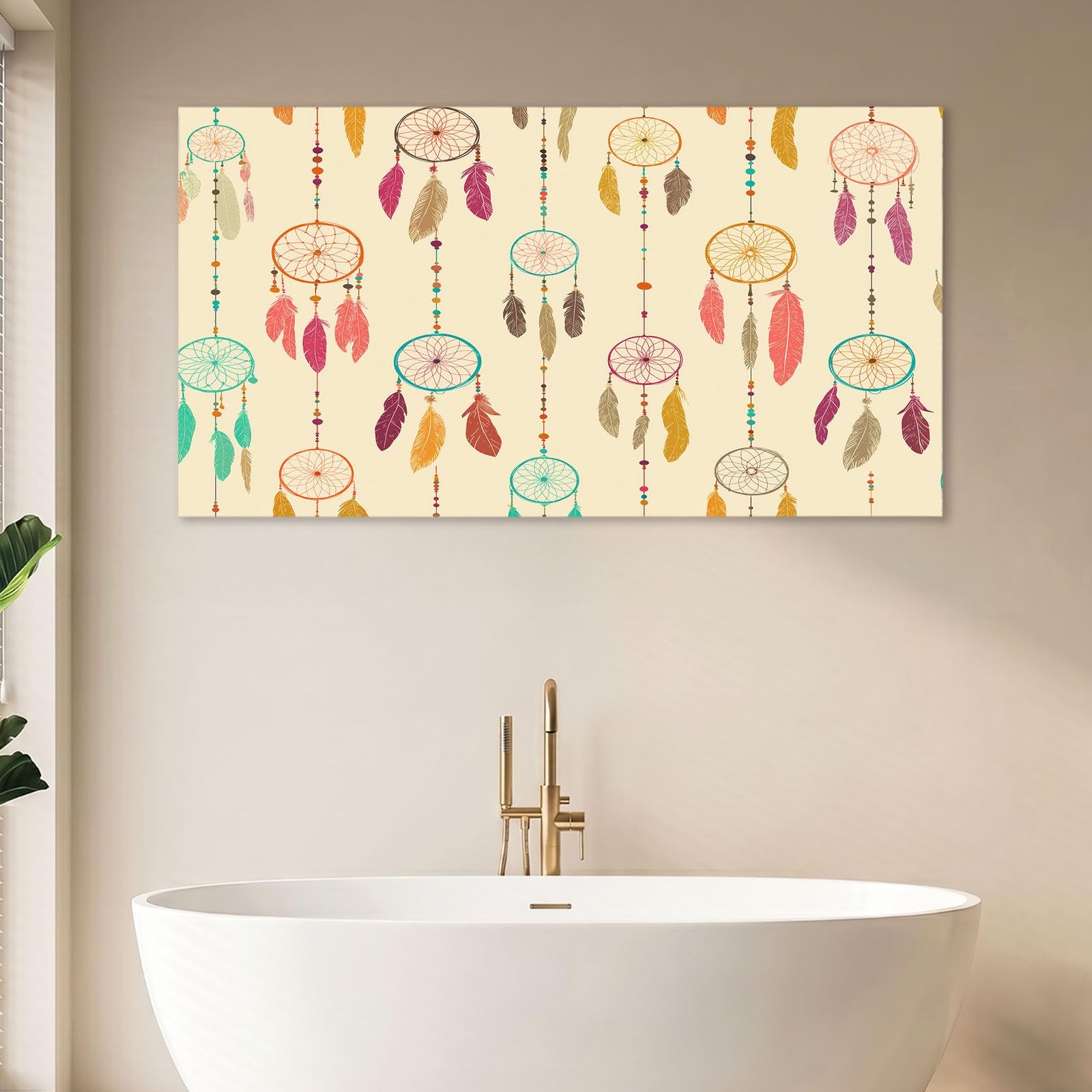 Leinwandbild 90 x 60 cm Wandbild Böhmisch - Bild auf Leinwand mit Braun Traumfänger Federn, Wanddeko für Wohnzimmer, Schlafzimmer, Büro Deko Zimmer