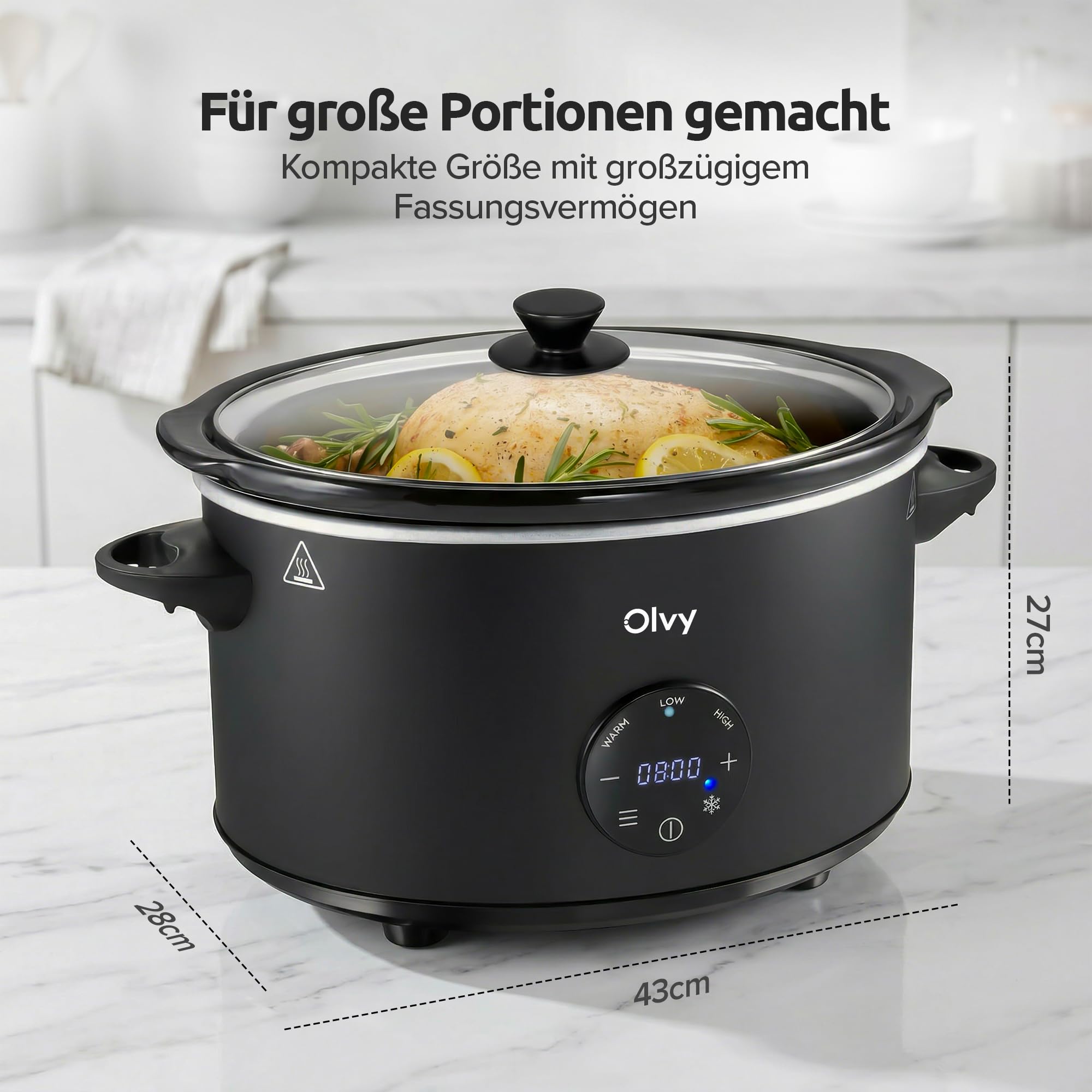 Olvy Slow Cooker 6L PRO Digital Schongarer mit Timer Warmhaltefunktion Auftaufunktion 24h Timer 3 Stufen Familie Meal Prep