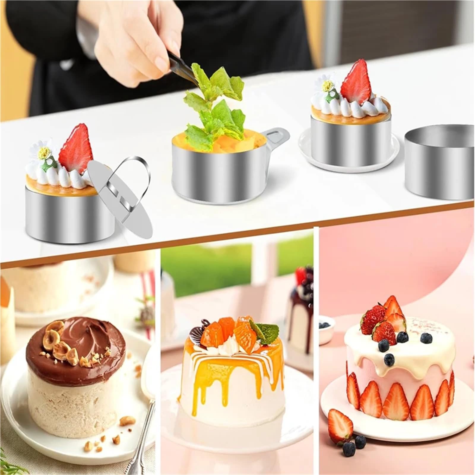 Anillo Para Tartas Molde de pastel redondo de acero inoxidable con empujador, herramientas de decoración de pasteles, molde de anillo de pastelería, anillos de cocina, herramientas for hornear(4Pcs)