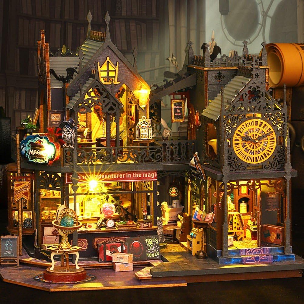 Drewniany zestaw do domku dla lalek, miniaturowy domek dla lalek, zestaw miniaturowy dom ze światłem LED i mi, pomysł na pokój dla dzieci/dorosłych (Book City)