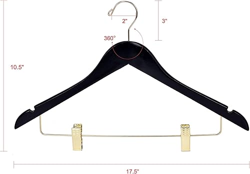 Miniatura 5 de Perchas de madera negra de calidad para faldas con clips, paquete de 20 perchas lisas de madera maciza para pantalones con clips de metal ajustables