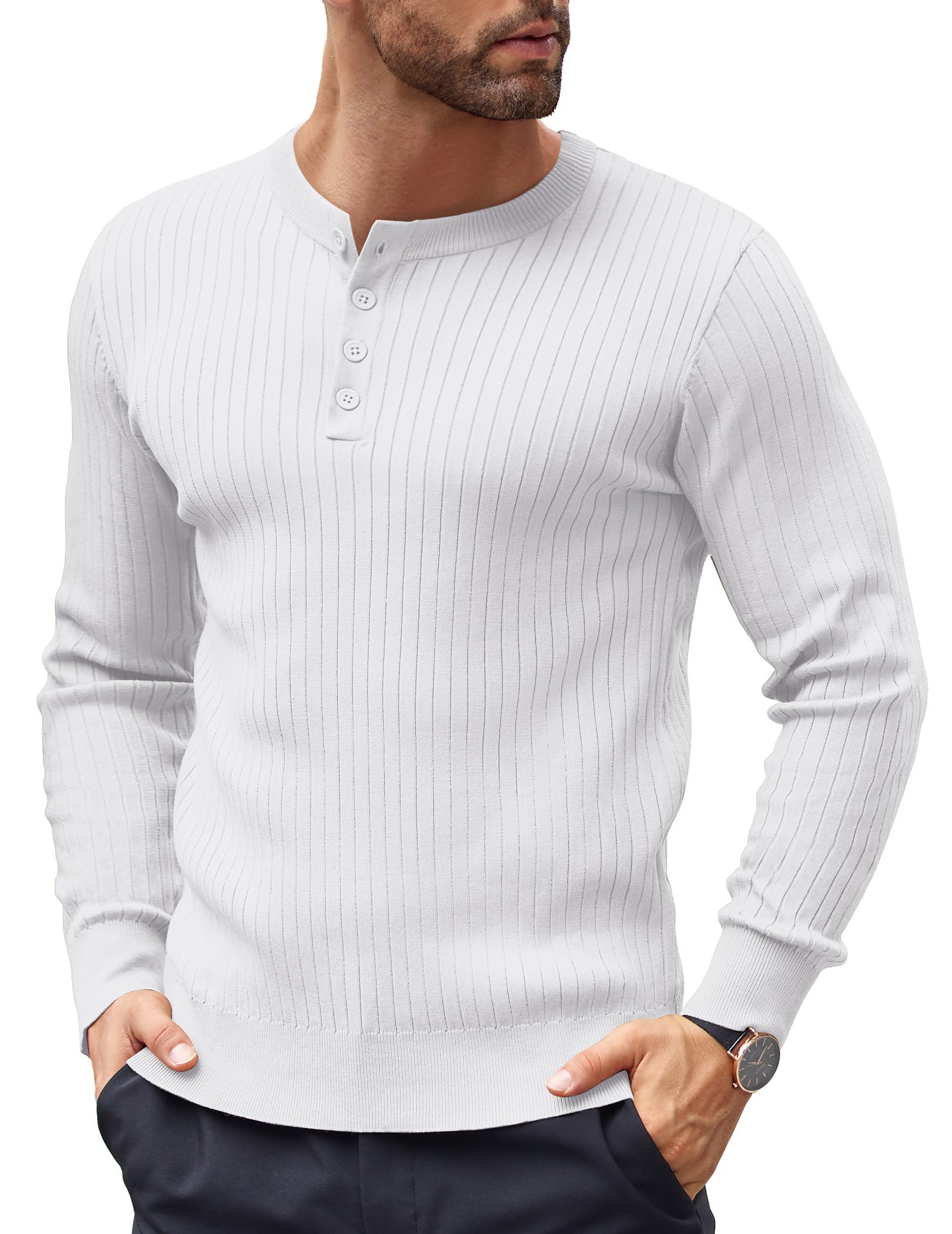 COOFANDY Herren Pullover Henley Shirt Strickpullover mit Knopfleiste Männer Langarmshirt Pulli Slim Fit
