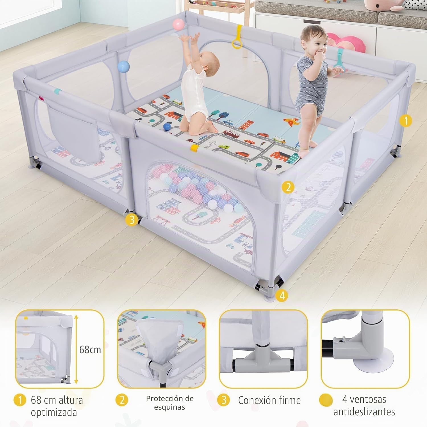 FANTASK Parque infantil plegable con colchón, 189 x 158 cm, con 50 pelotas de juego y 4 asas (gris claro)