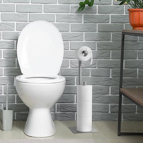 Miniatura 4 de Soporte de papel higiénico plateado para baño, soporte de papel higiénico independiente con estante de almacenamiento de papel higiénico de reserva,