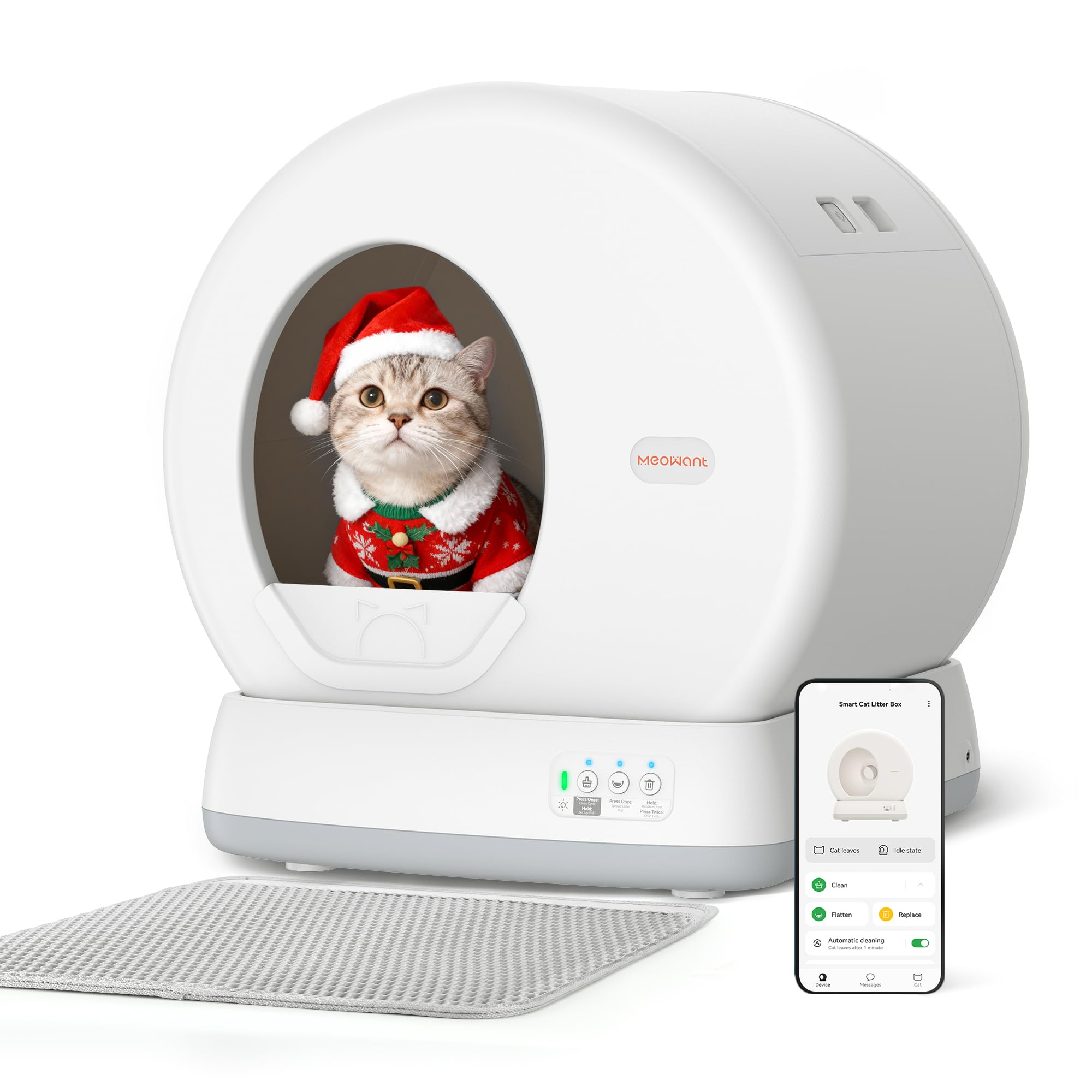 MeoWant Self-Cleaning Cat Litter Box, Integrated Safety Protection Automatic Cat Litter Box for Multi Cats, Extra Large/Odor Removal/APP Control Smart Cat Litter Box with Mat & Liner