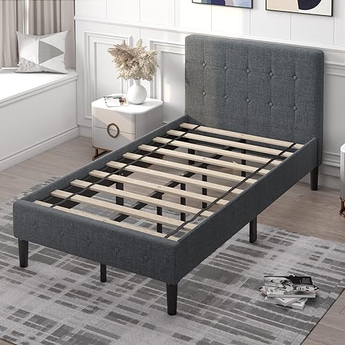 GORELAX Base de cama individual tapizada con cabecero, base de colchón de soporte de listones de madera maciza, no necesita somier y de fácil
