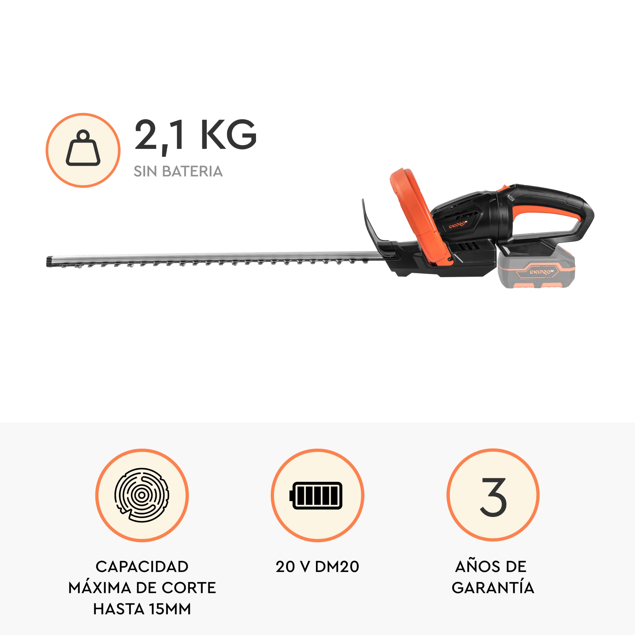 Cortasetos a Batería DHT-200 20V - Cuchilla de 51 cm, Corte Máximo de 1,5 cm, Mango Giratorio 45° y 90° - Podadora Inalámbrica para Setos, Arbustos y Jardín, Con Batería 4 Ah y Cargador - Por Dnipro-M
